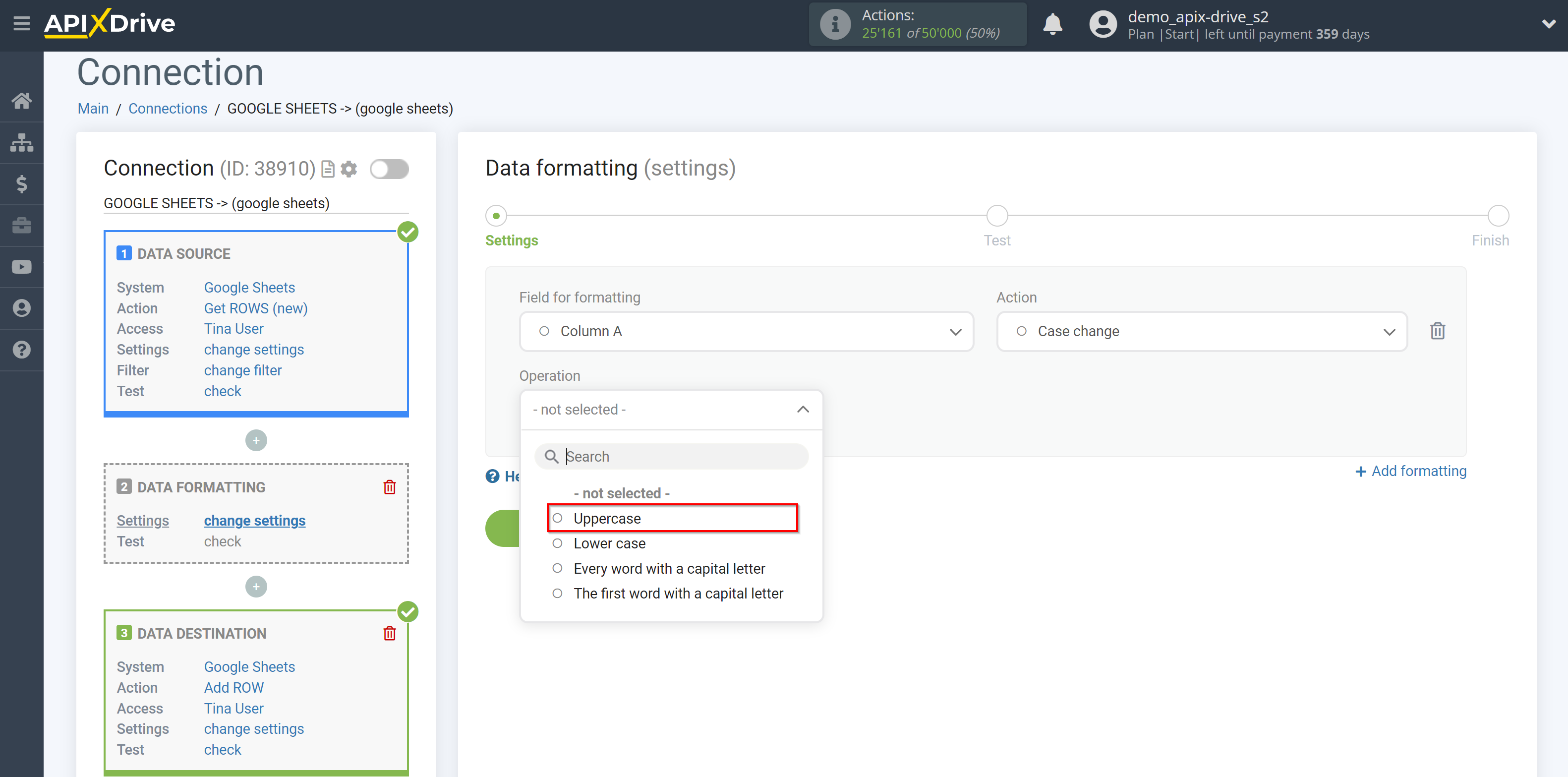 How to setup Data Formatting | Selecting the function Case change