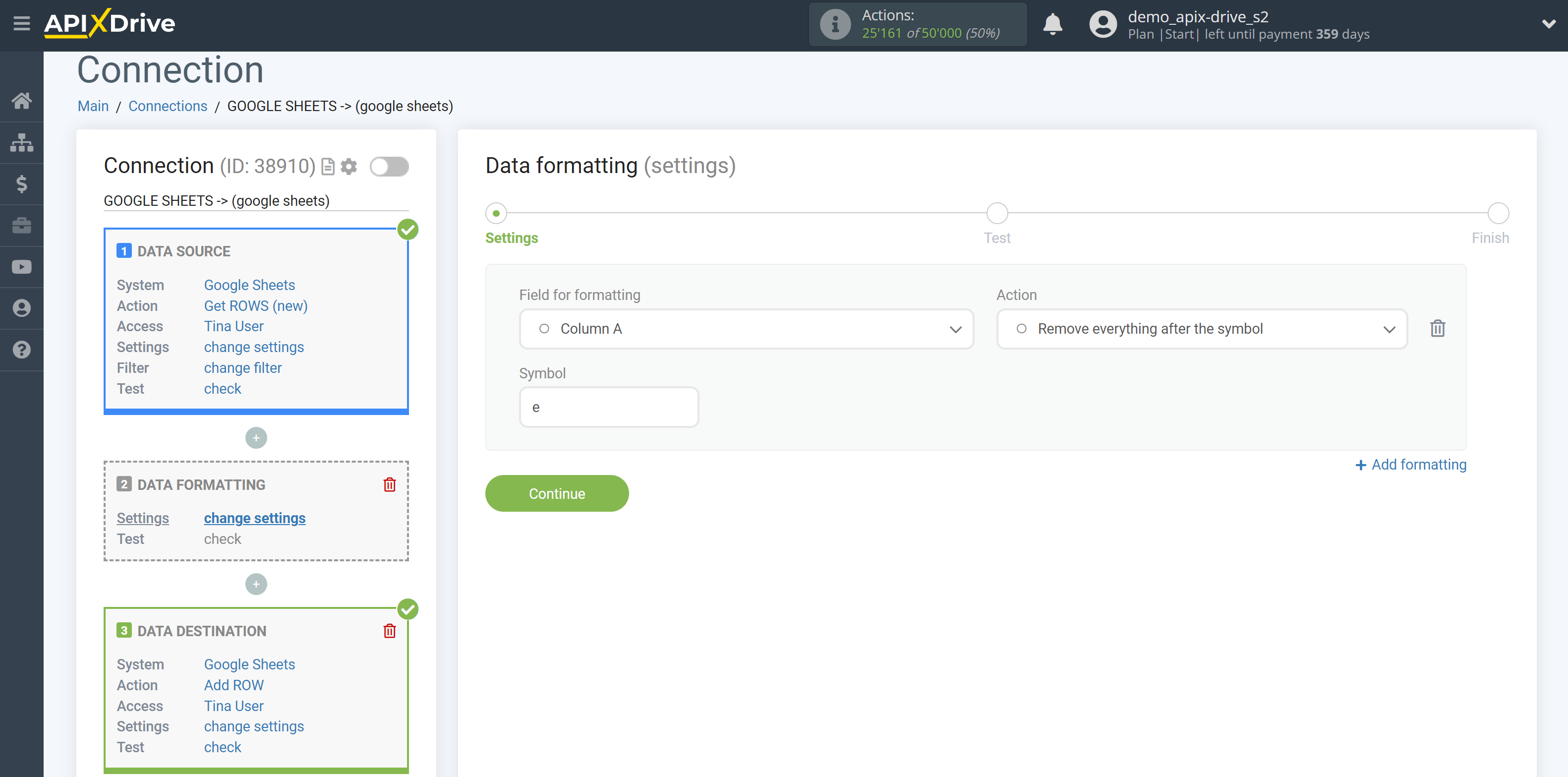 How to setup Data Formatting | Selecting the function Remove everything after the symbol