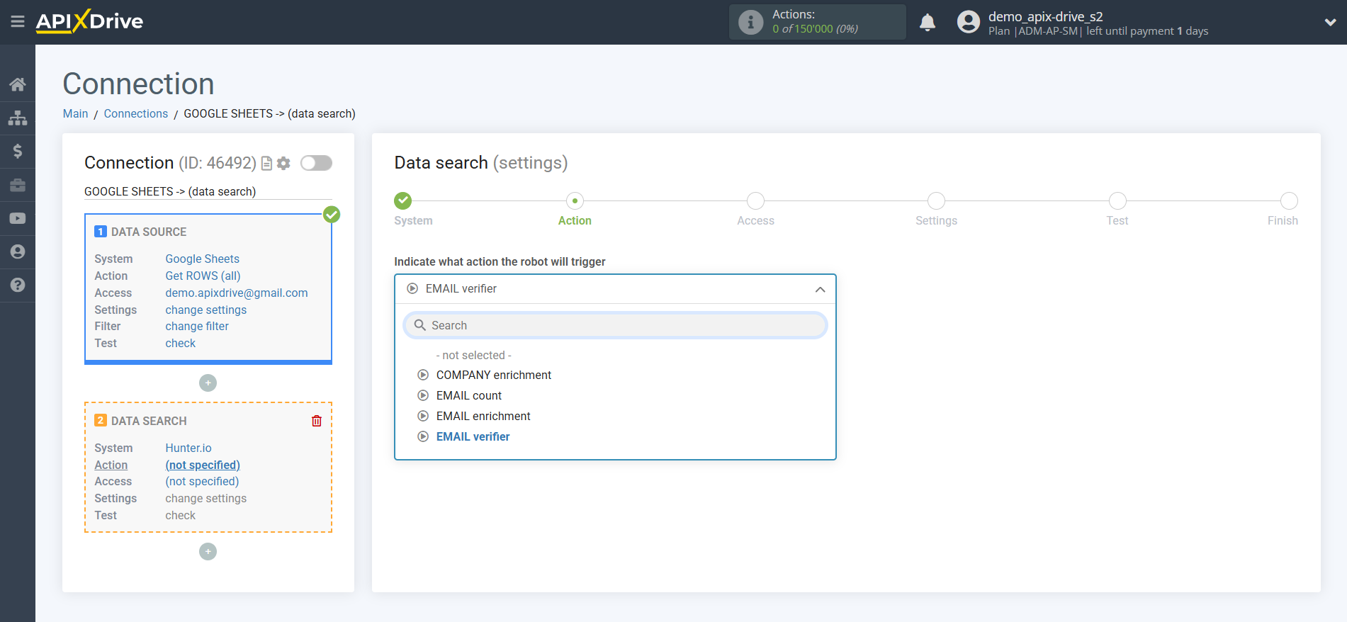Setting Search to Verification EMAIL Hunter.io in Google Sheets | Action selection Setting Search to Verification EMAIL Hunter.io in Google Sheets | Action selection