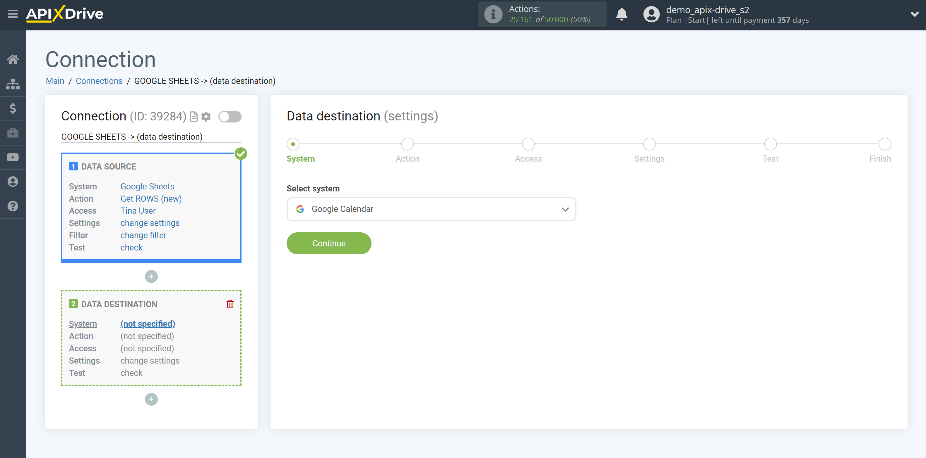 How to Connect Google Calendar as Data Destination |&nbsp;System selection