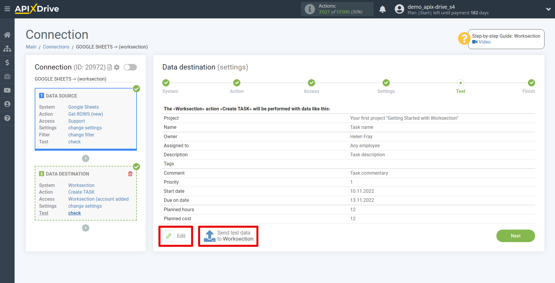 How to Connect Worksection as Data Destination | Test data