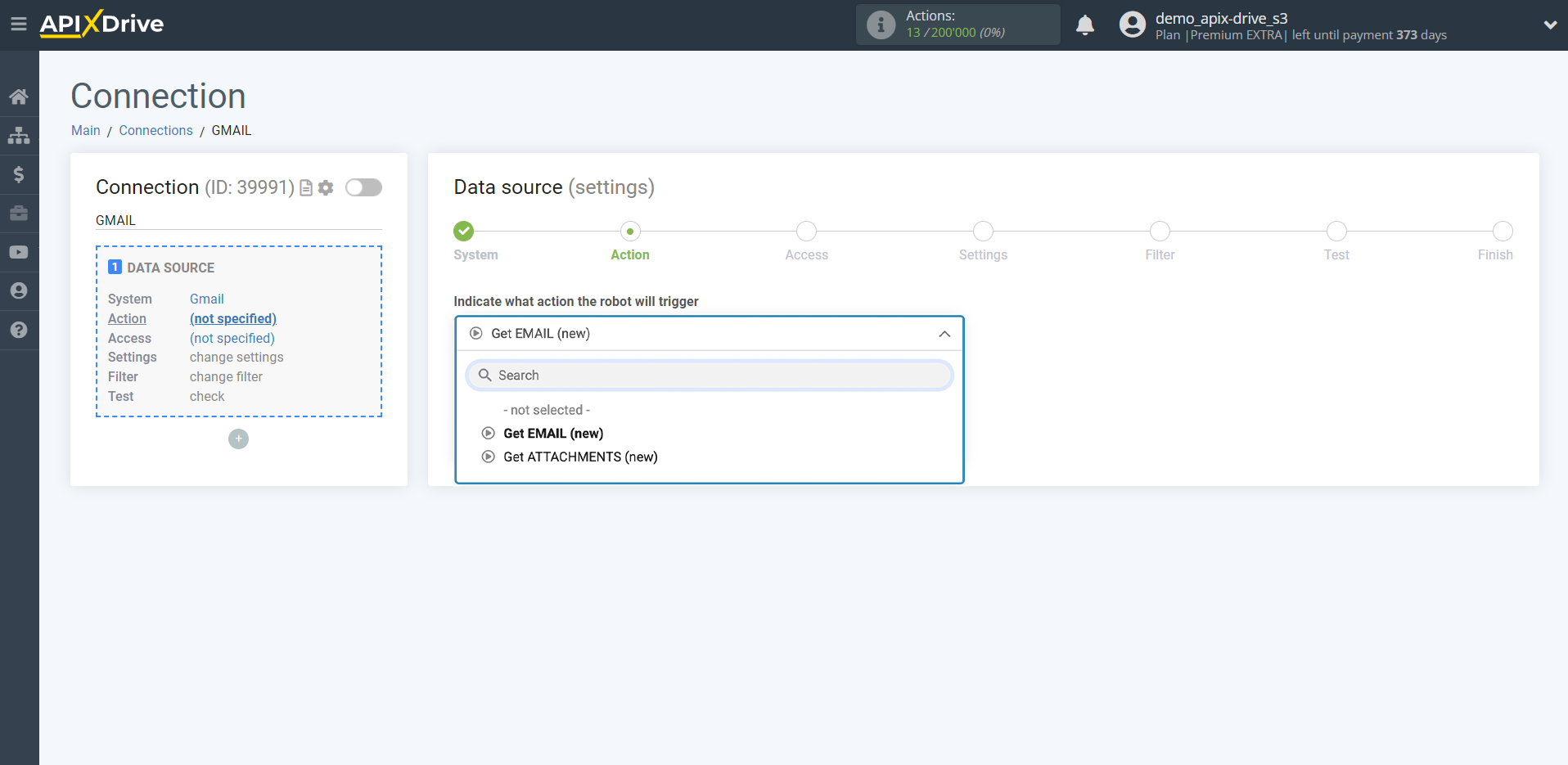 How to Connect Gmail as Data Source | Action selection