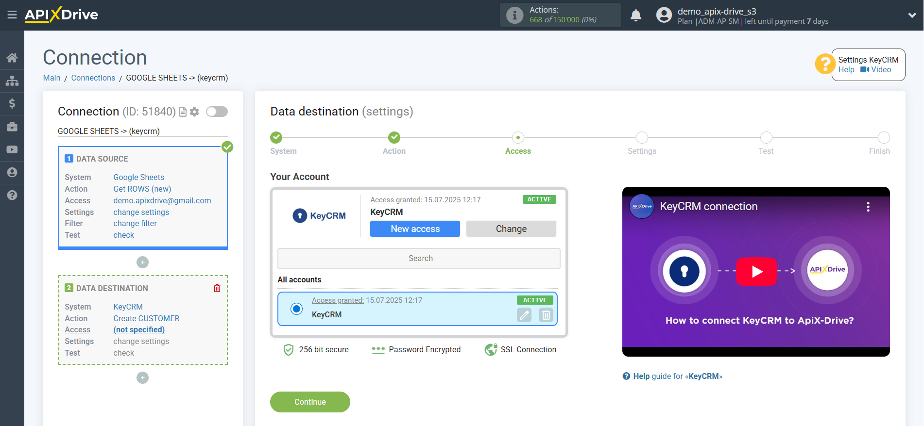 Adding a Data Destination | Account Selection