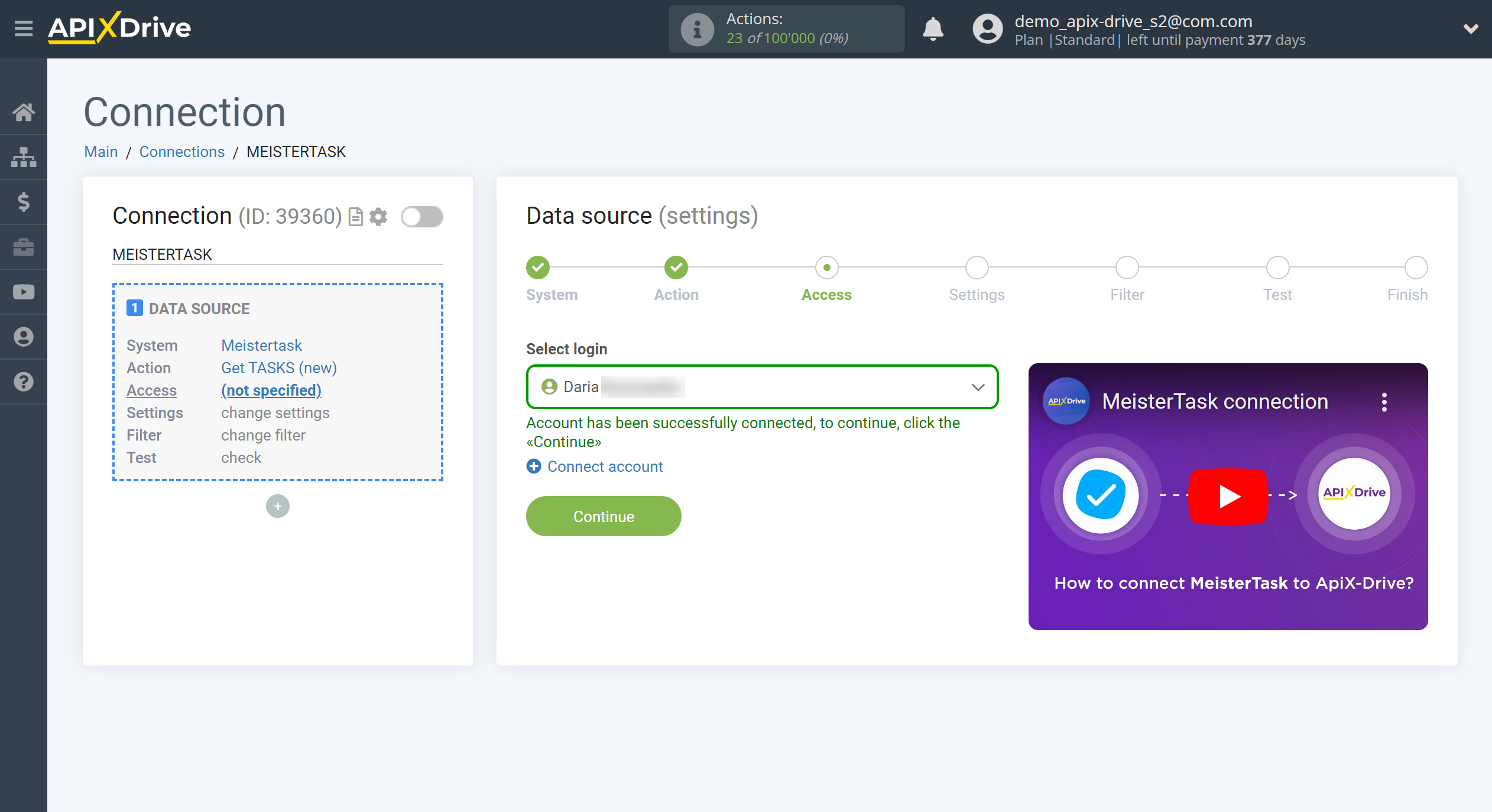 How to Connect MeisterTask as Data Source | Account selection