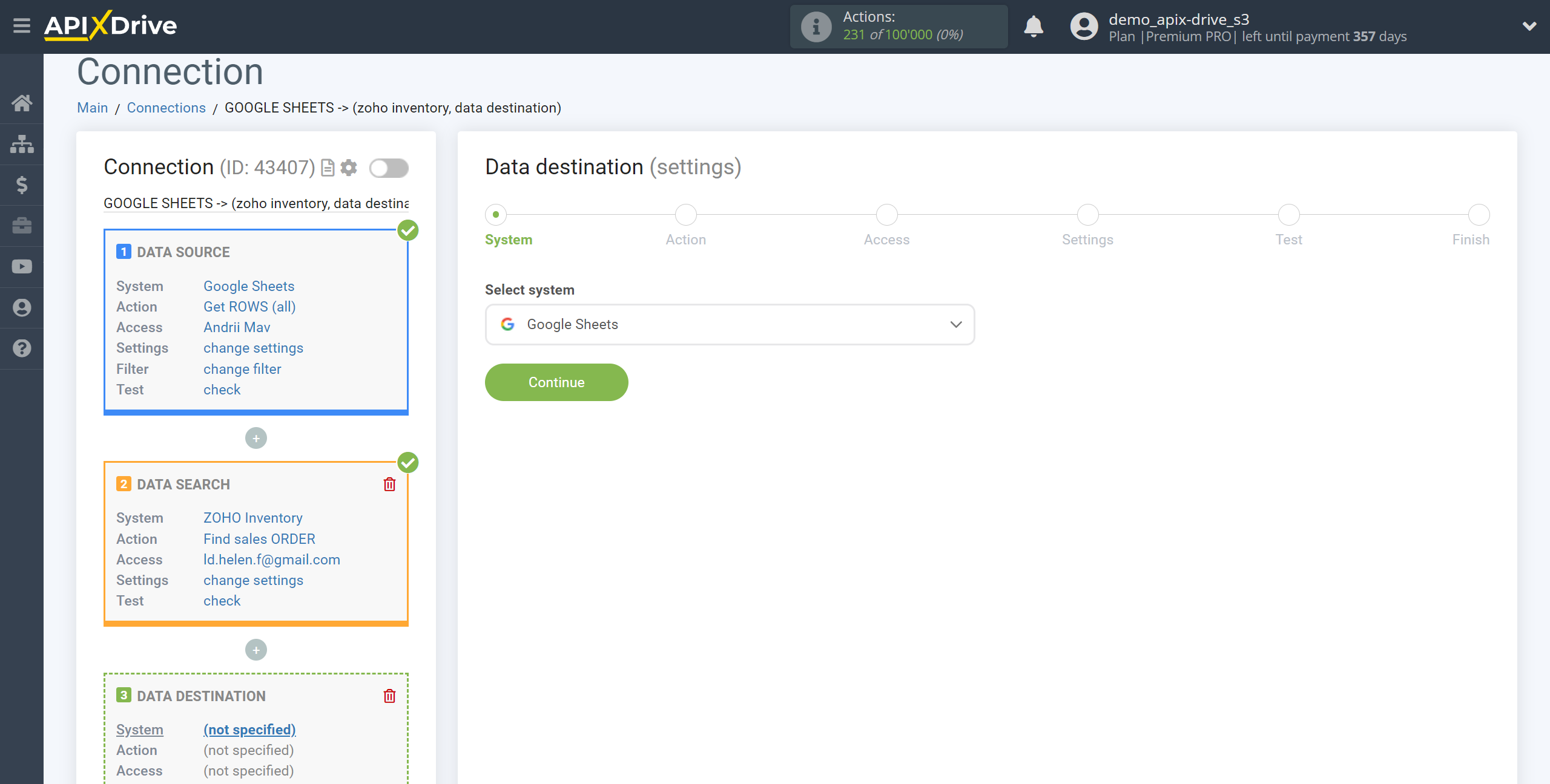 Setting up Zoho Inventory Sales Order Search in Google Sheets | System selection