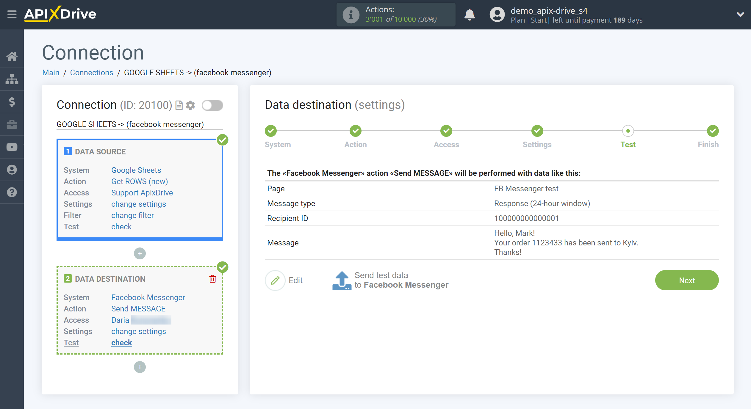 How to Connect Facebook Messenger as Data Destination | Test data