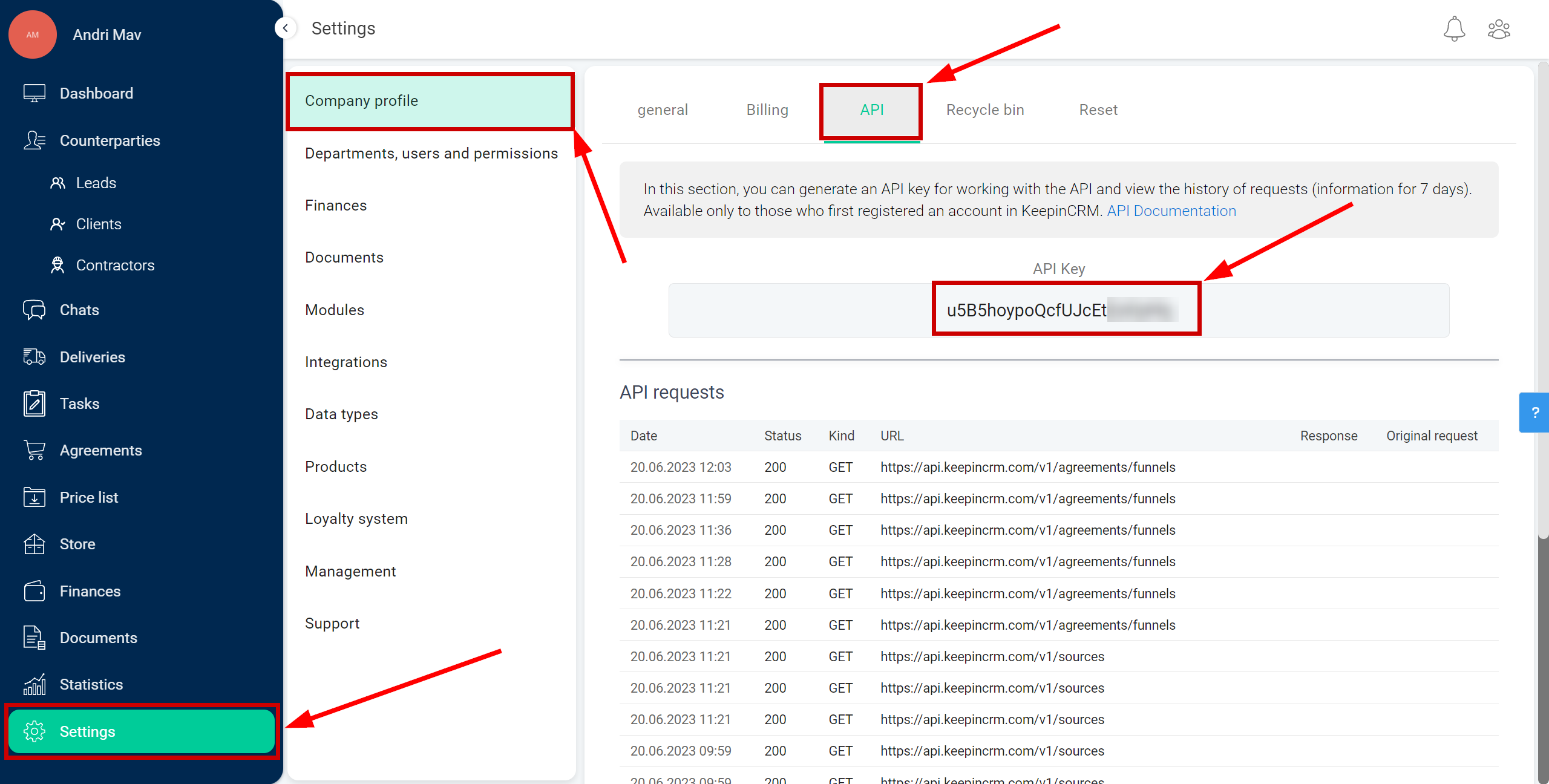 How to Connect KeepinCRM as Data Destination | Go to KeepinCRM settings