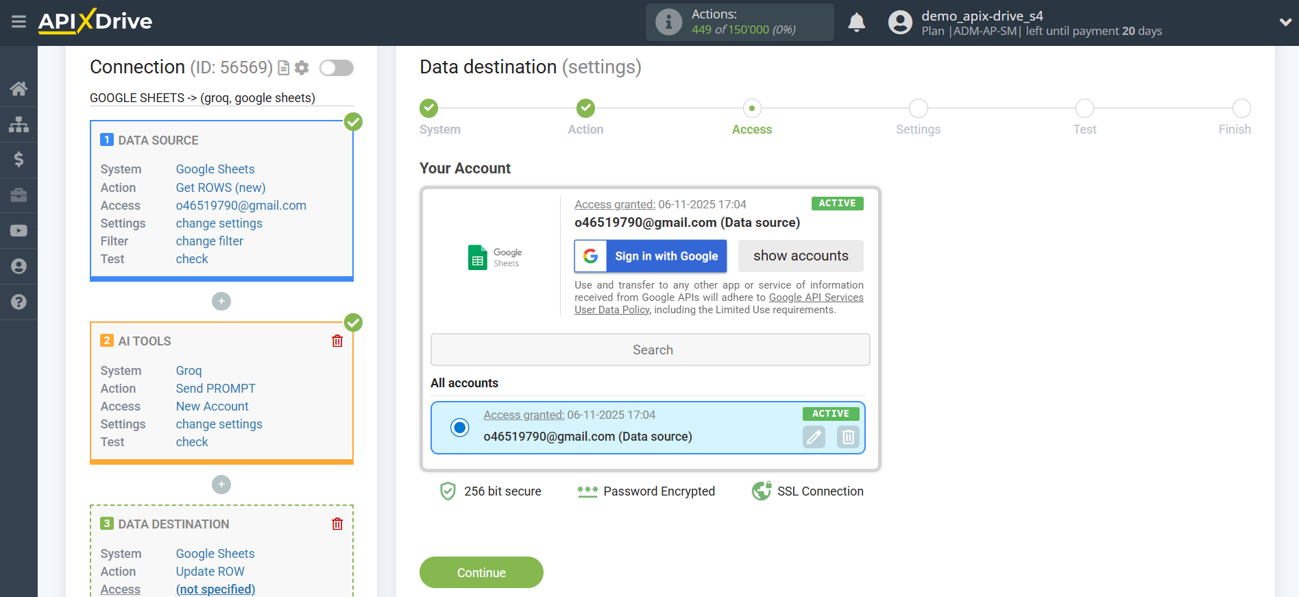 Setting up Groq in Google Sheets | Account selection