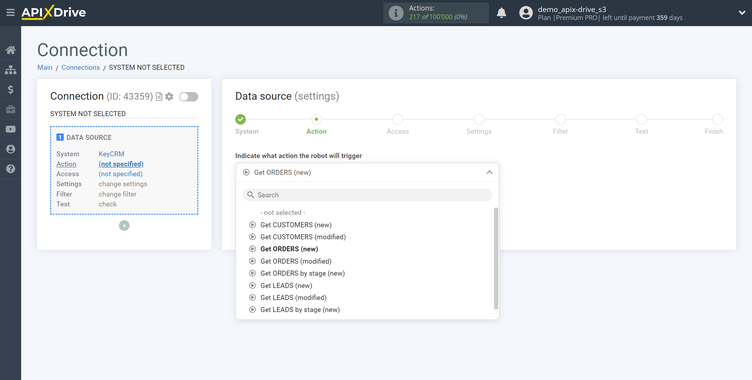 How to Connect KeyCRM as Data Source | Action selection