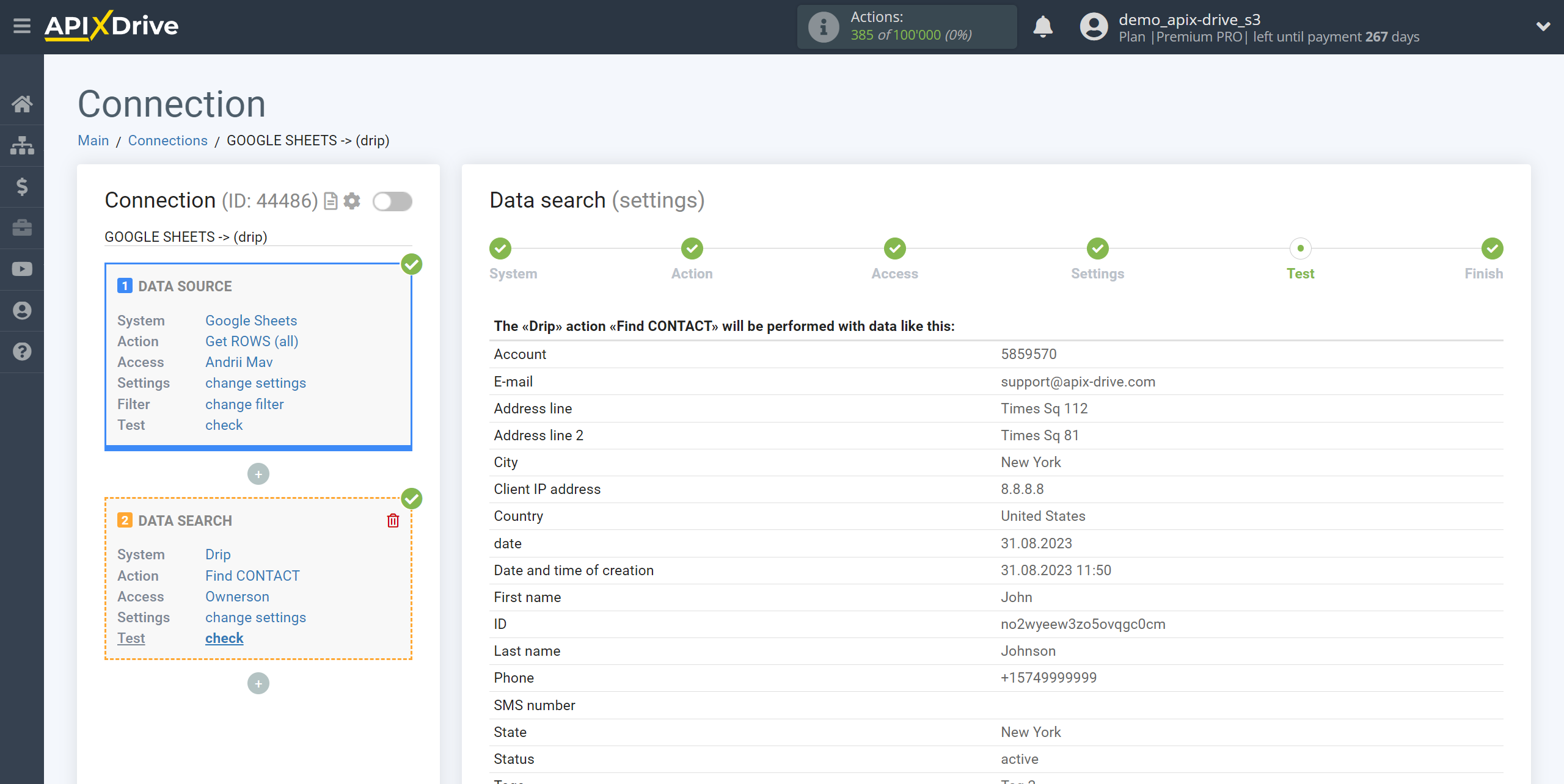 Setting up Drip Contact Search in Google Sheets | Test data