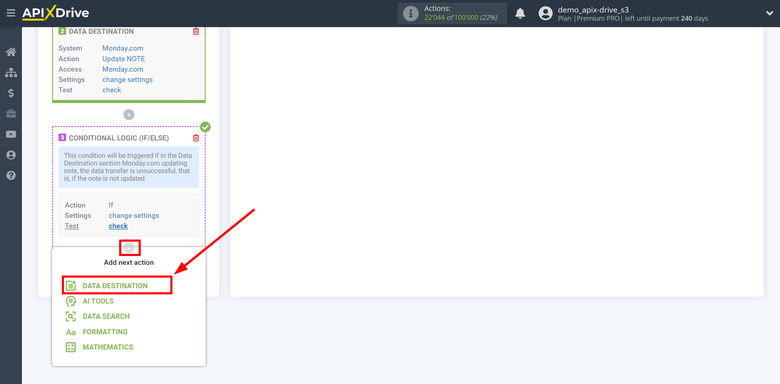 How to setup Monday.com Update Note / Create Note | Start setting up Data Destination inside the Logic section