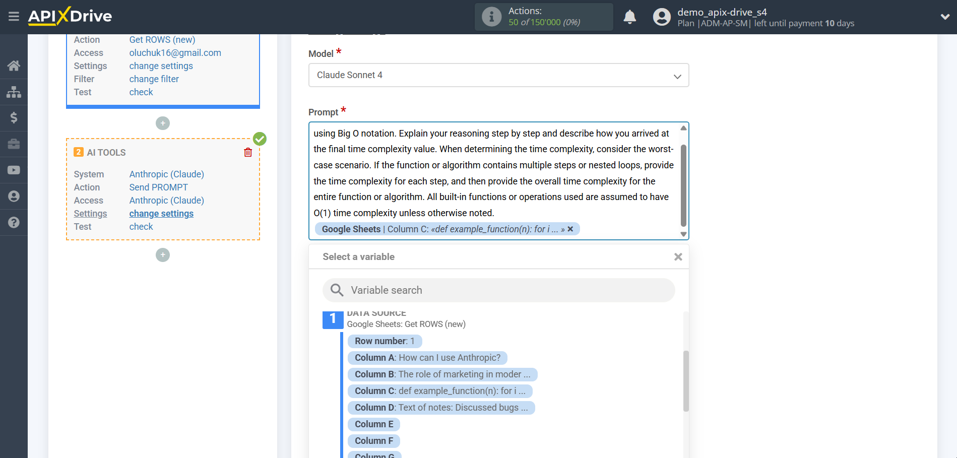 Setting up Anthropic in Google Sheets | Assigning fields