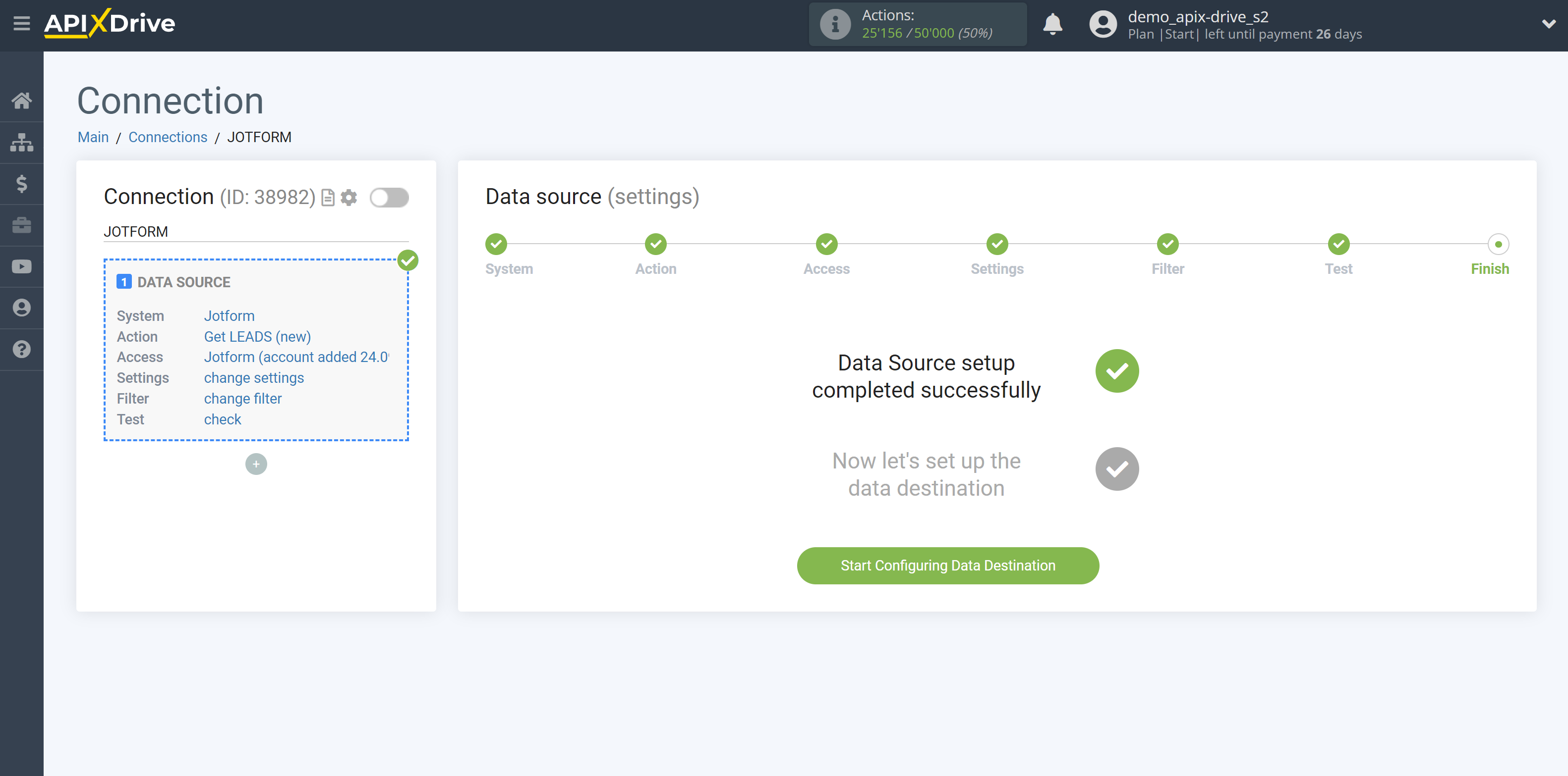 How to Connect Jotform as Data Source | Go to the setup Data Destination 