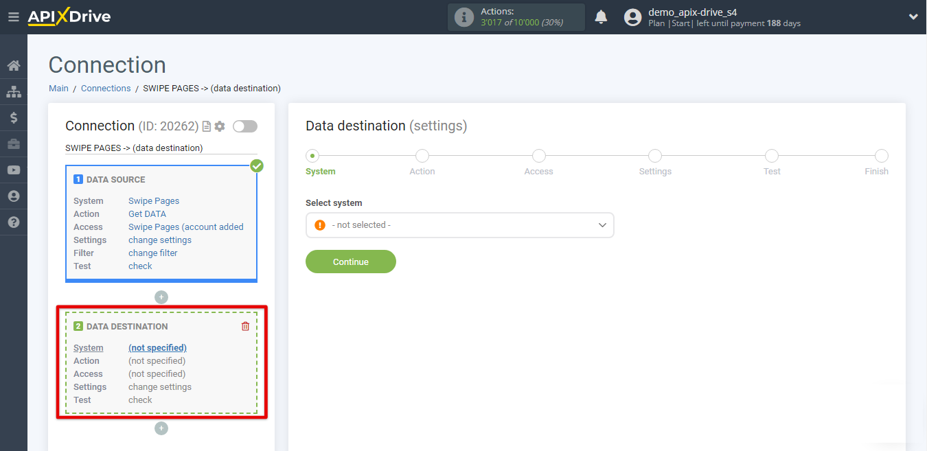 How to Connect Swipe Pages as Data Source | Go to the setup Data Destination