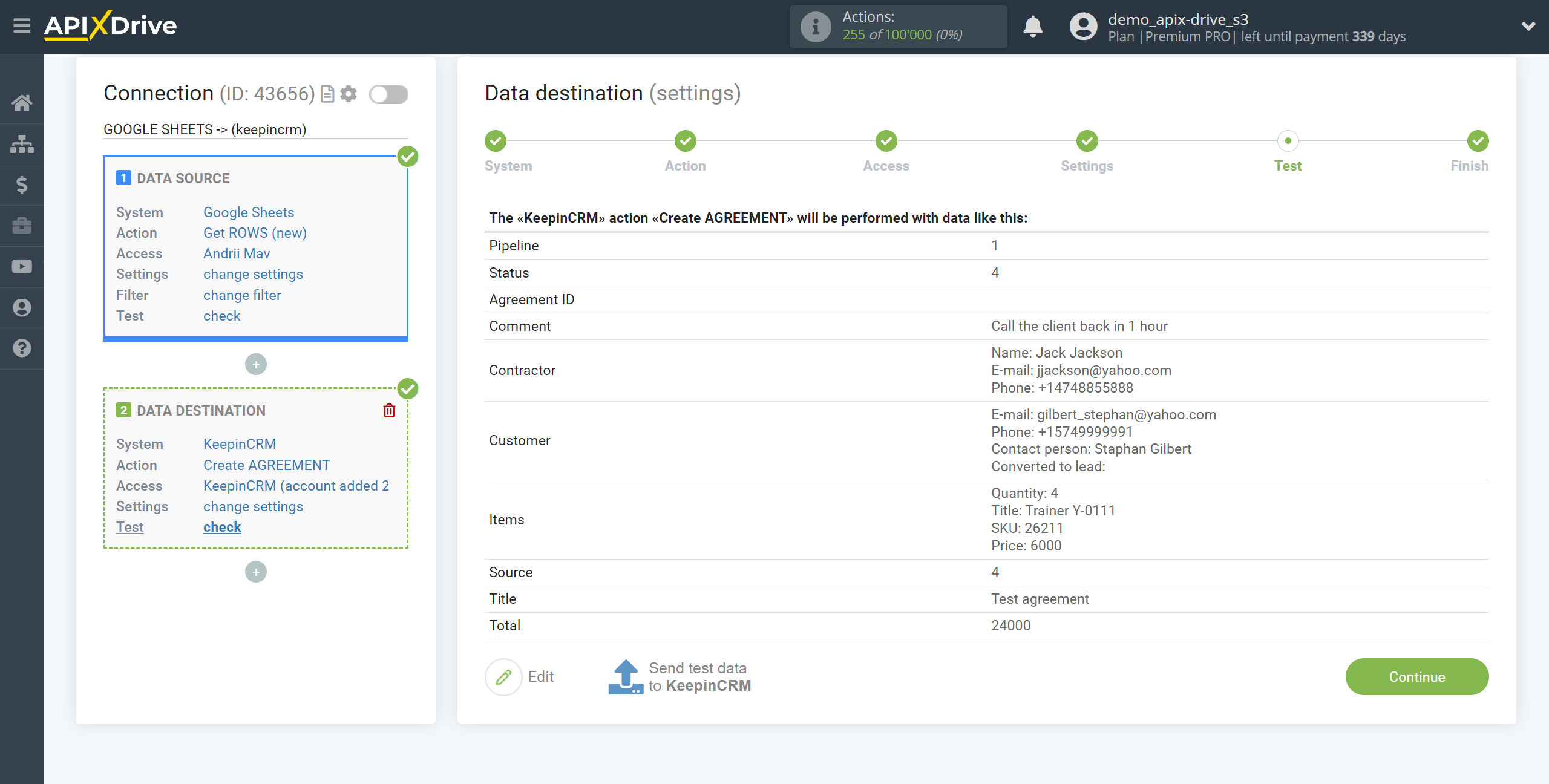 How to Connect KeepinCRM as Data Destination | Test data