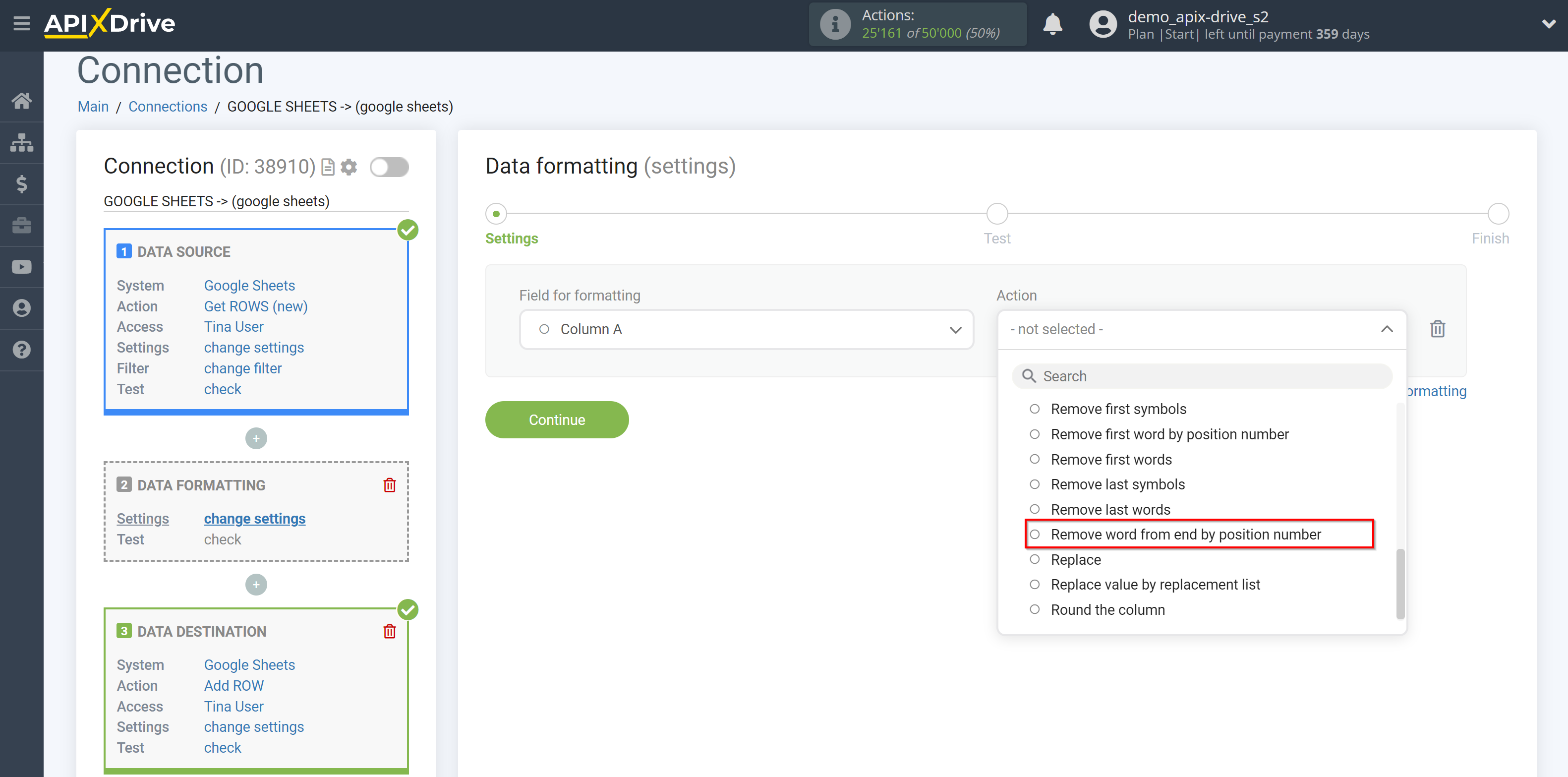 How to setup Data Formatting | Selecting the function&nbsp;Remove word from end by position number