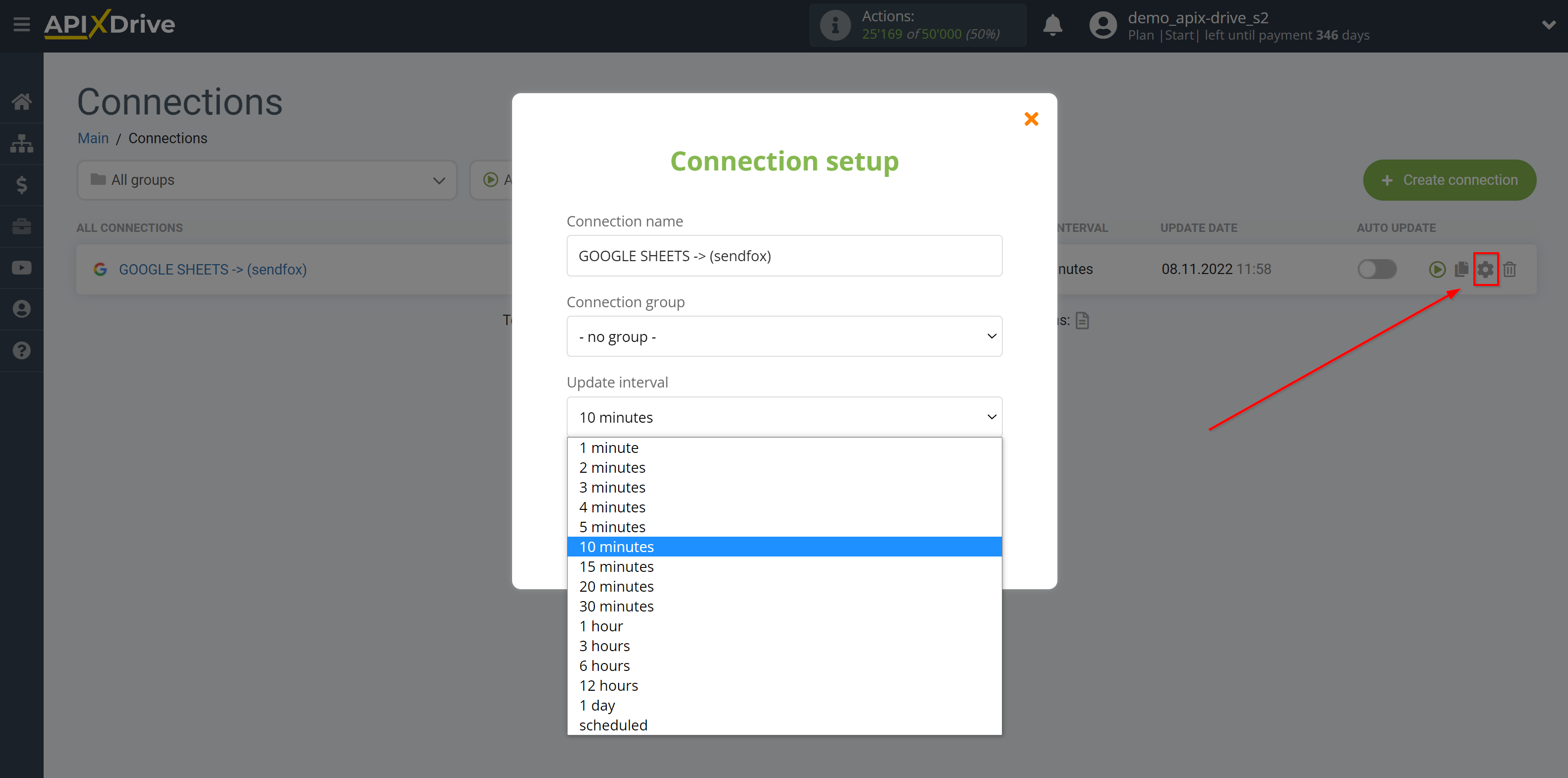 How to Connect SendFox to Apps as Data Destination |&nbsp;Update interval