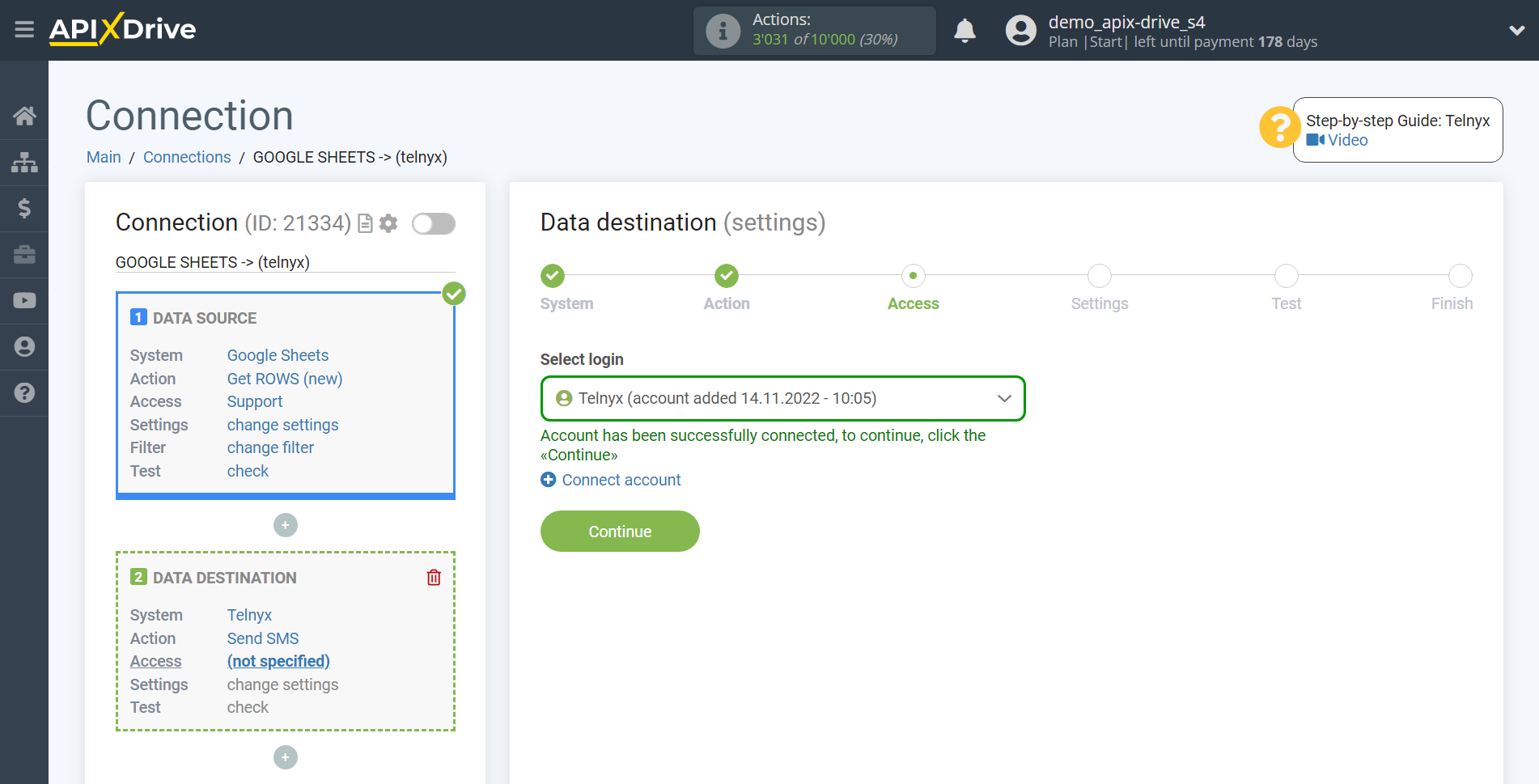 How to Connect Telnyx as Data Destination | Account selection