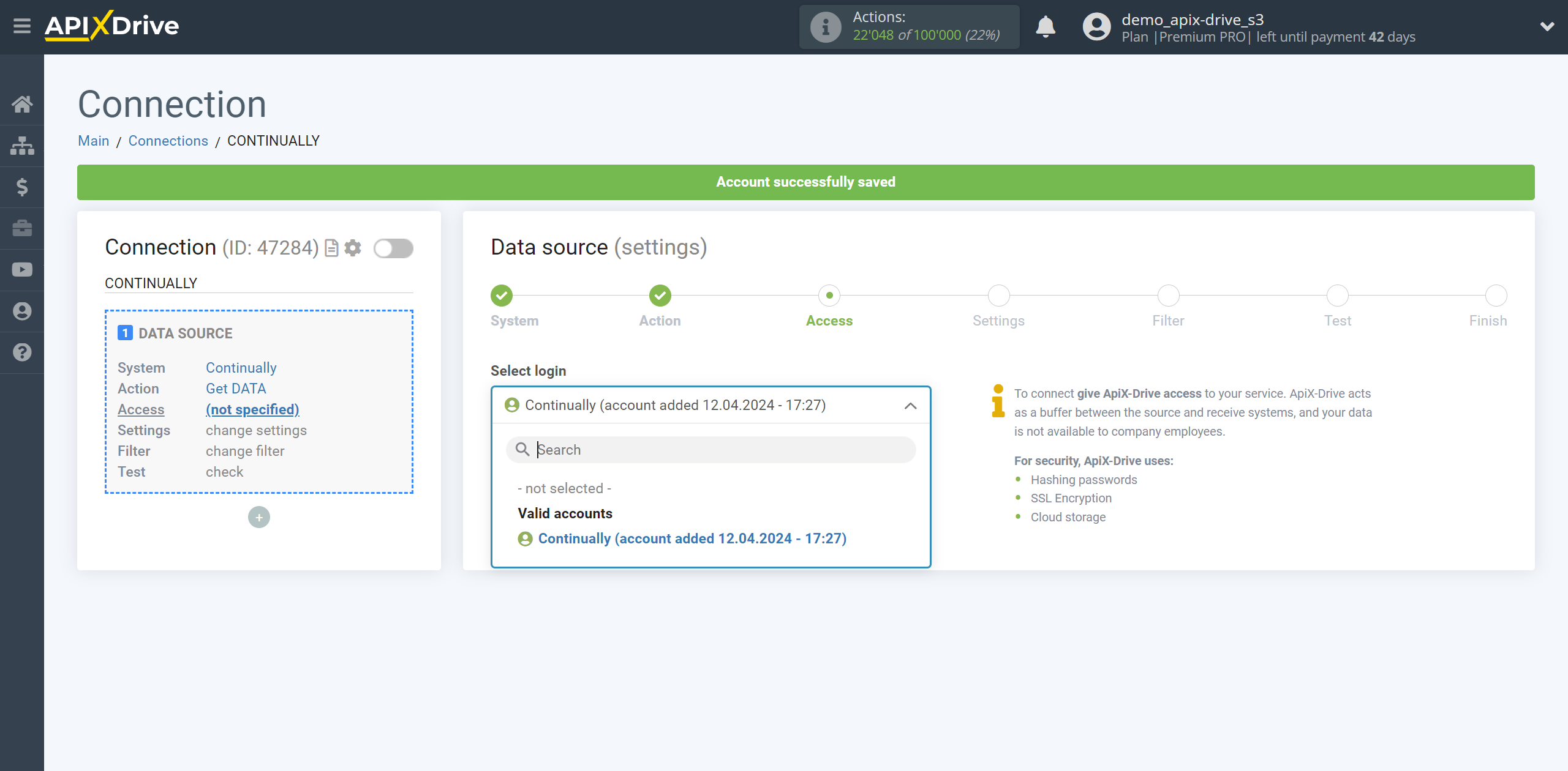 How to Connect Continually as Data Source | Account selection