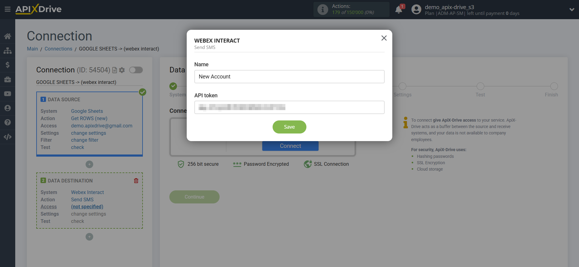 How to Connect Webex Interact as Data Destination | Entering the API key