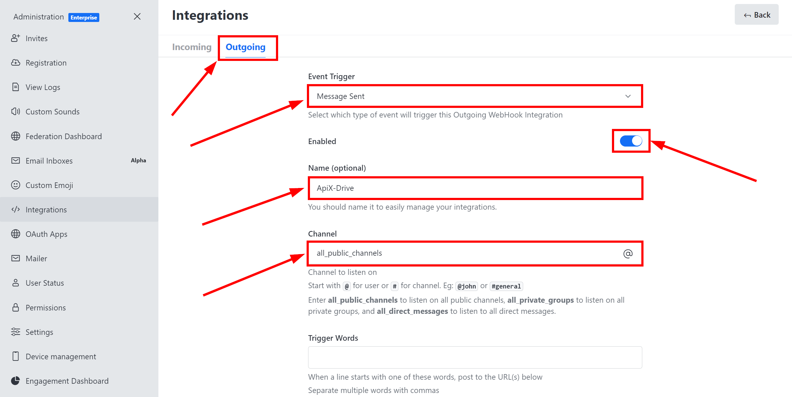 How to Connect Rocket.Chat as Data Source | Setting options for Webhook