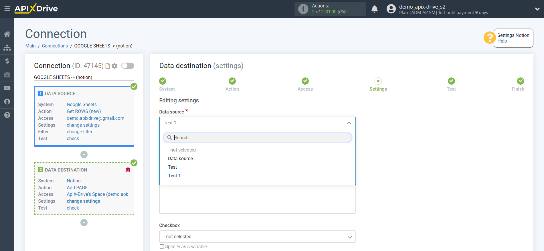 How to Connect Notion as Data Destination | Settings