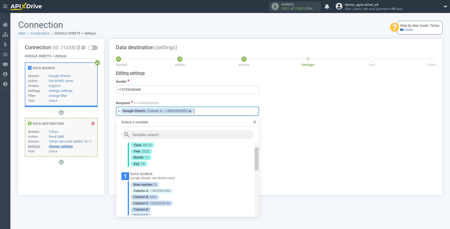 How to Connect Telnyx as Data Destination | Assigning fields