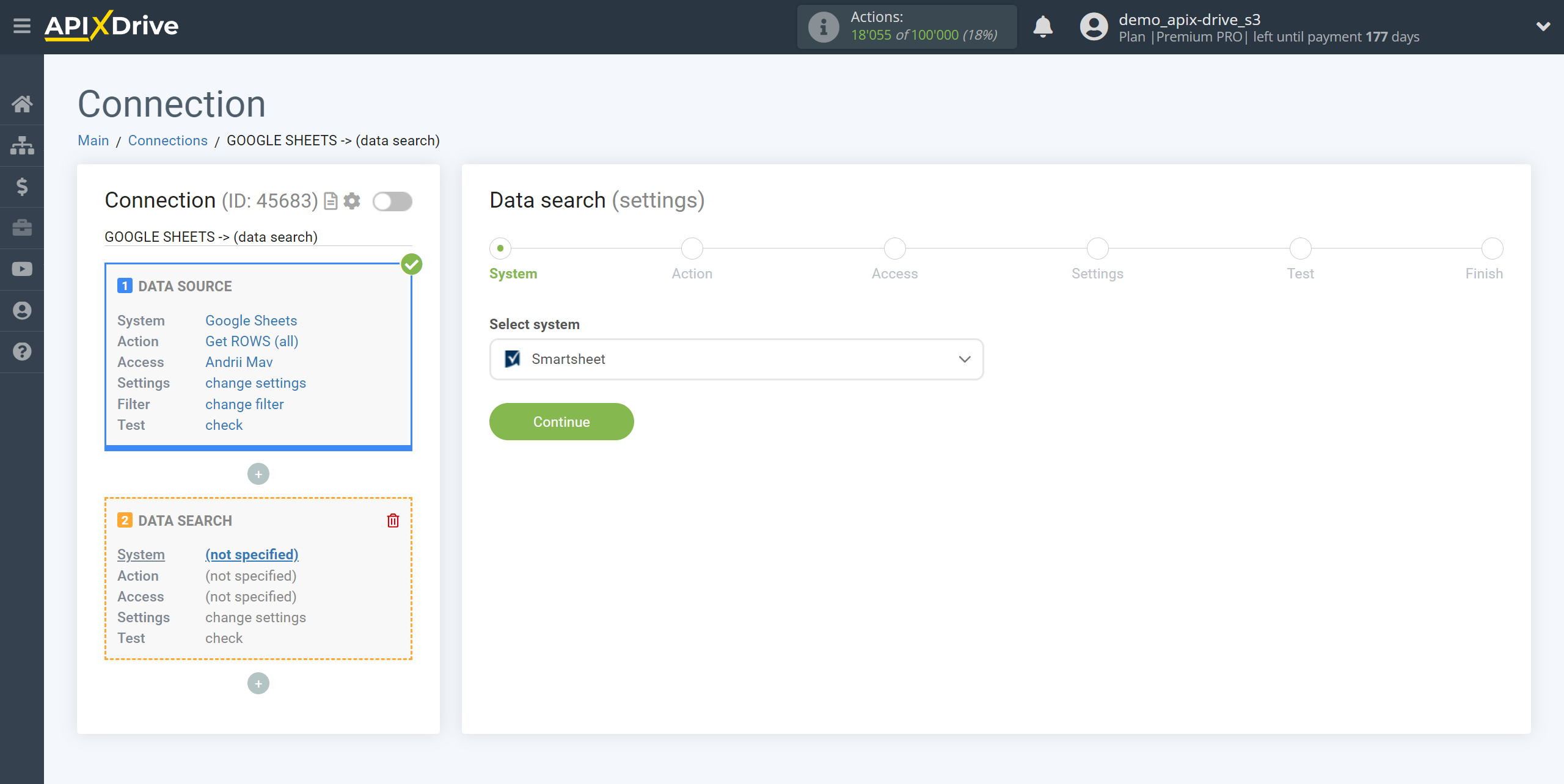 Setting Smartsheet Rows Search in Google Sheets | System selection