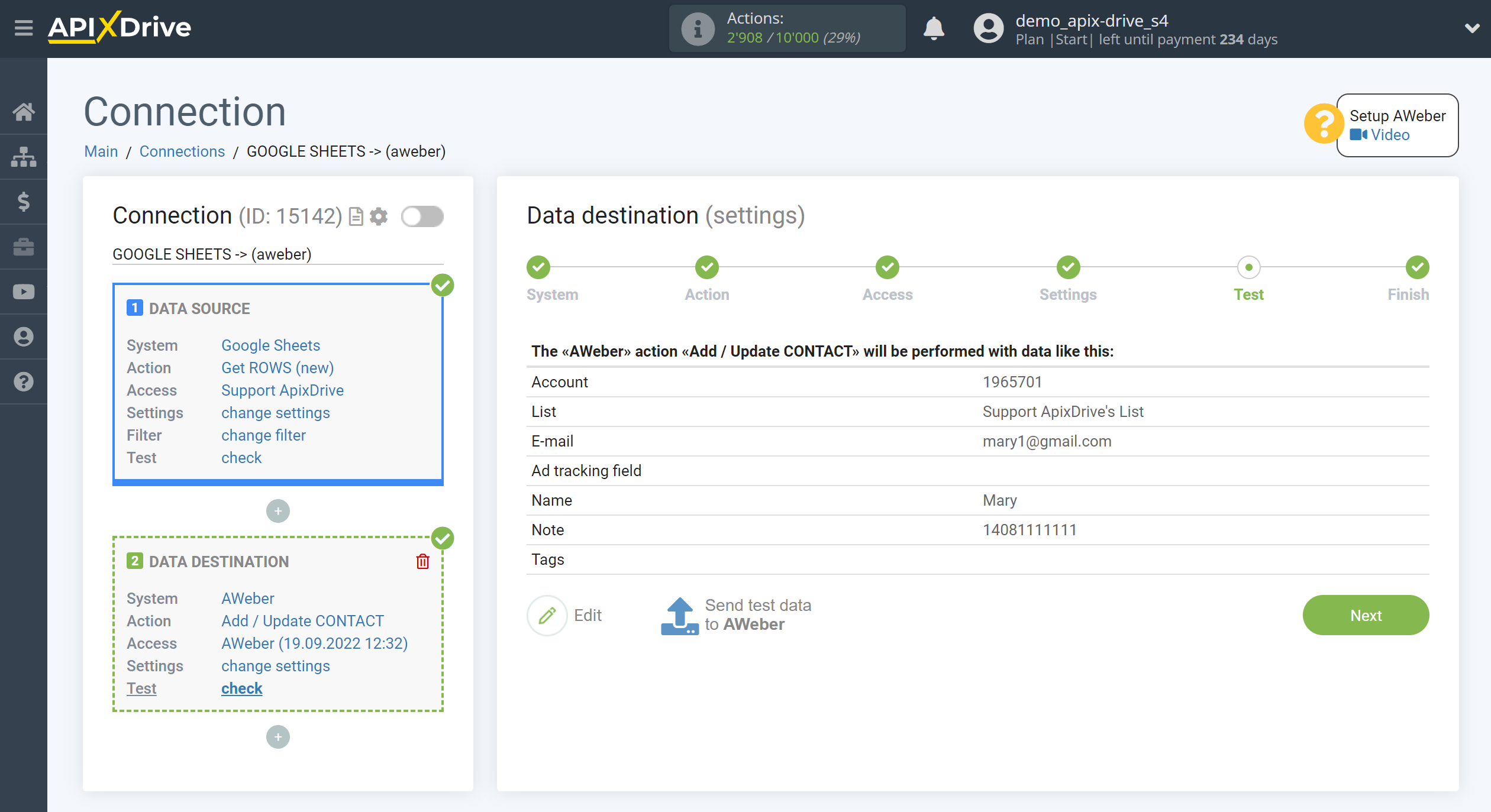 How to Connect Aweber as Data Destination | Test data