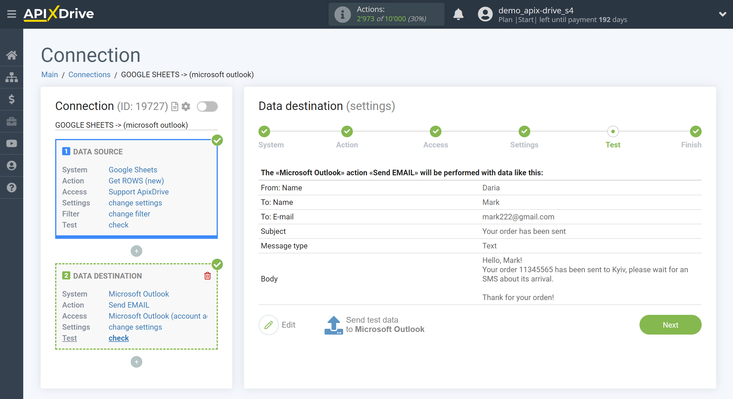 How to Connect Microsoft Outlook as Data Destination | Test data