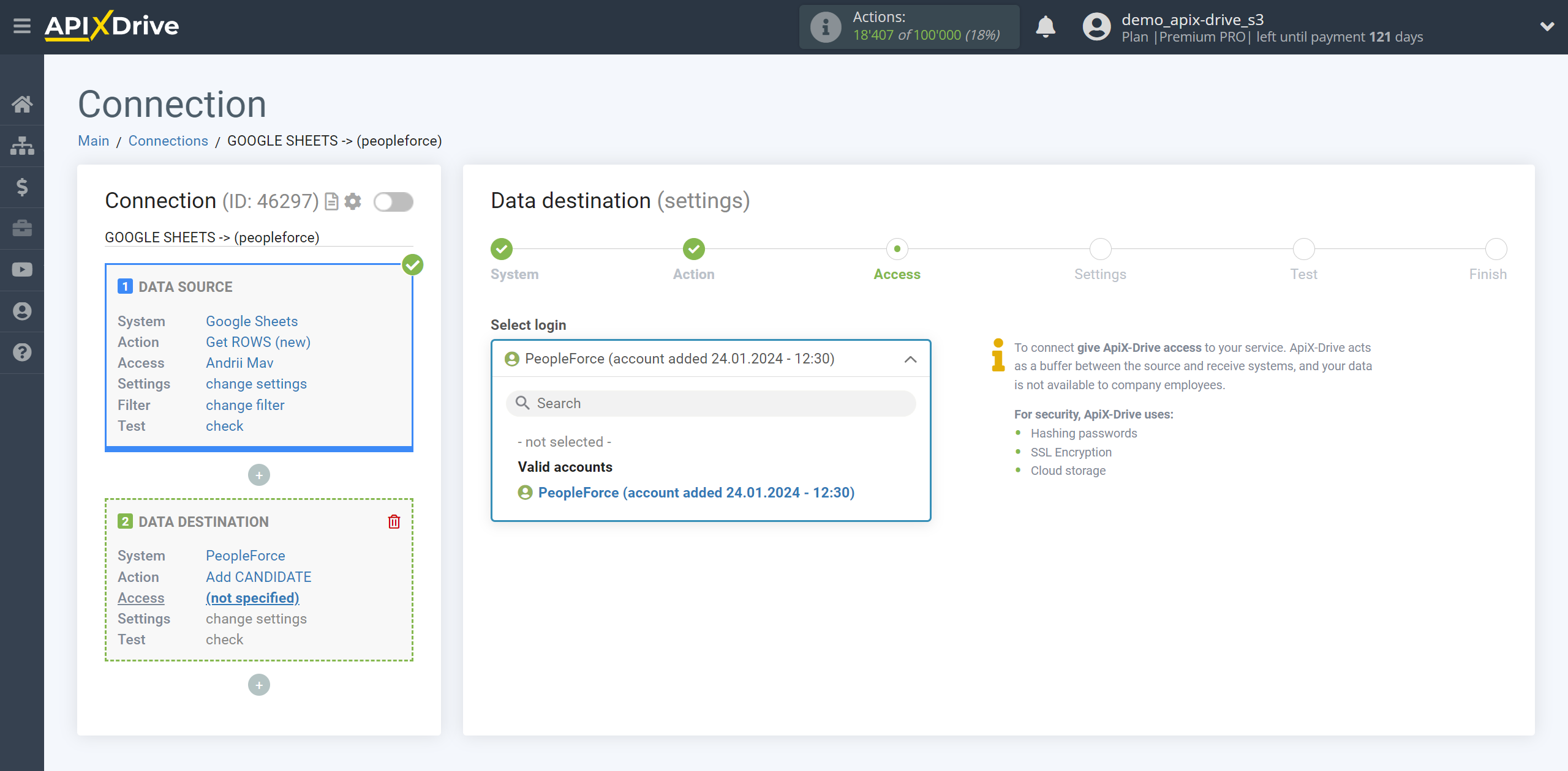 How to Connect PeopleForce as Data Destination | Account selection