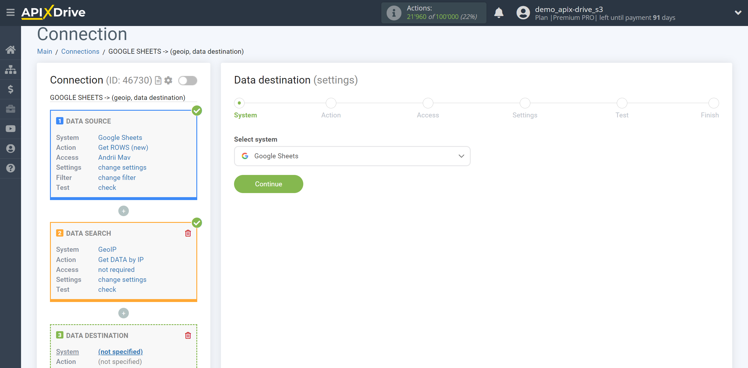 Setting up GeoIP Data Search in Google Sheets | System selection