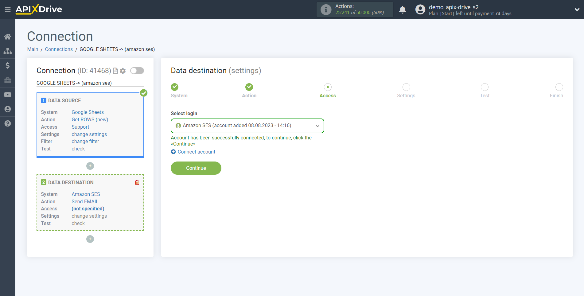 How to Connect Amazon SES as Data Destination | Account selection