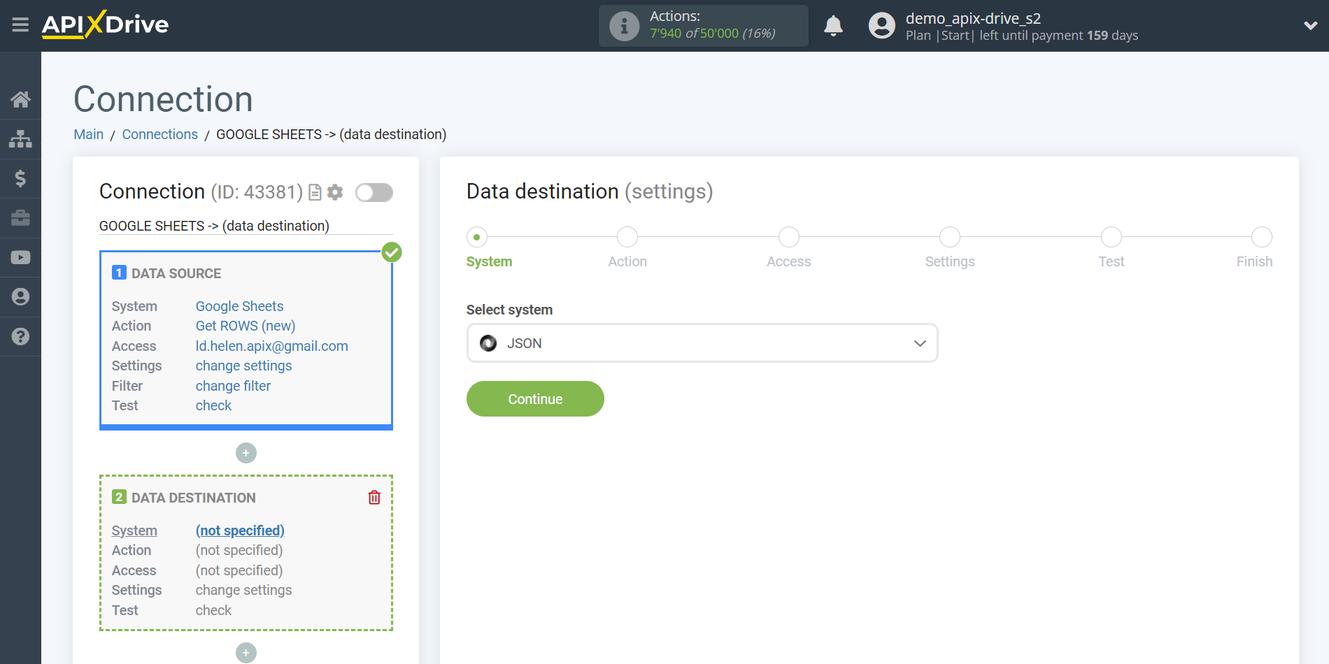 How to Connect JSON as Data Destination | System selection