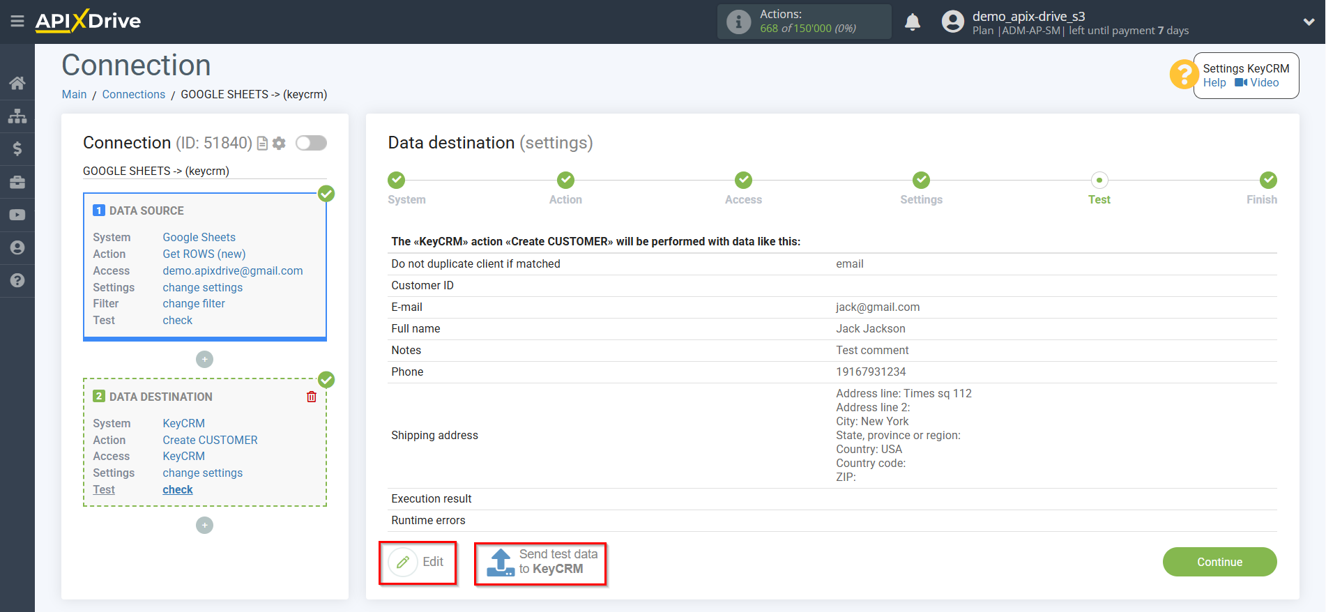Adding a Data Destination | Test Data