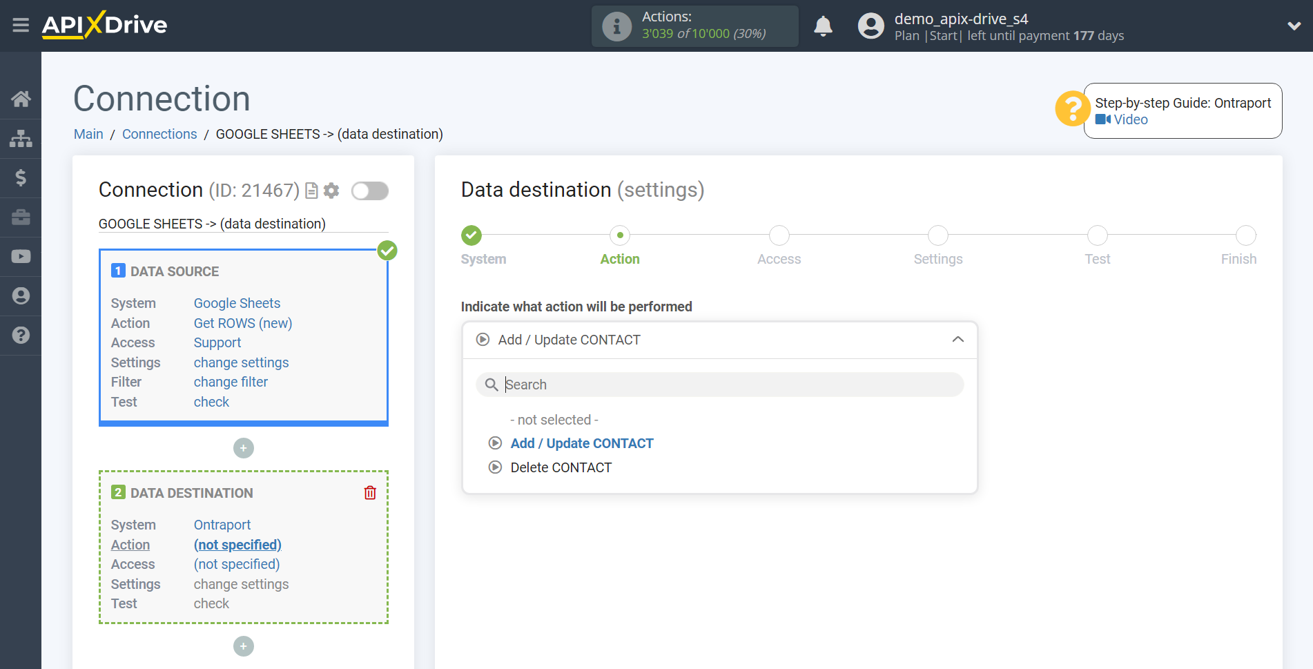 How to Connect Ontraport as Data Destination | Action selection