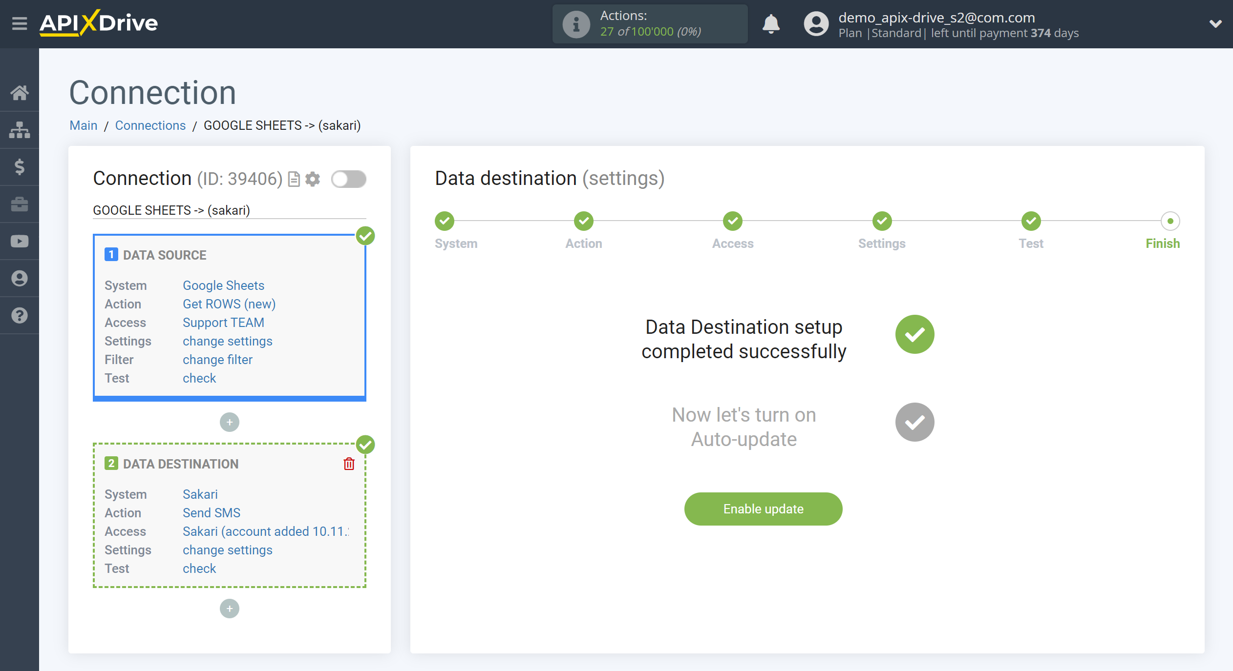 How to Connect Sakari as Data Destination | Enable auto-update