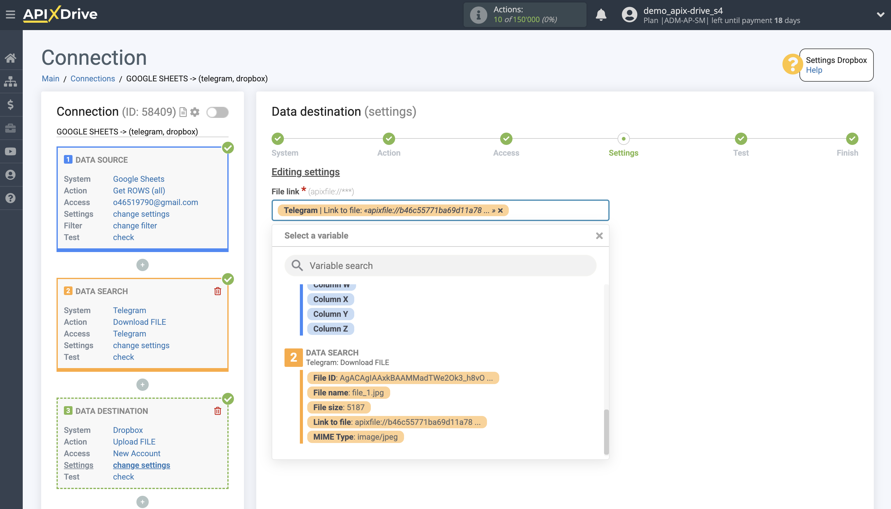 Telegram File Upload Settings to Dropbox | Assigning fields