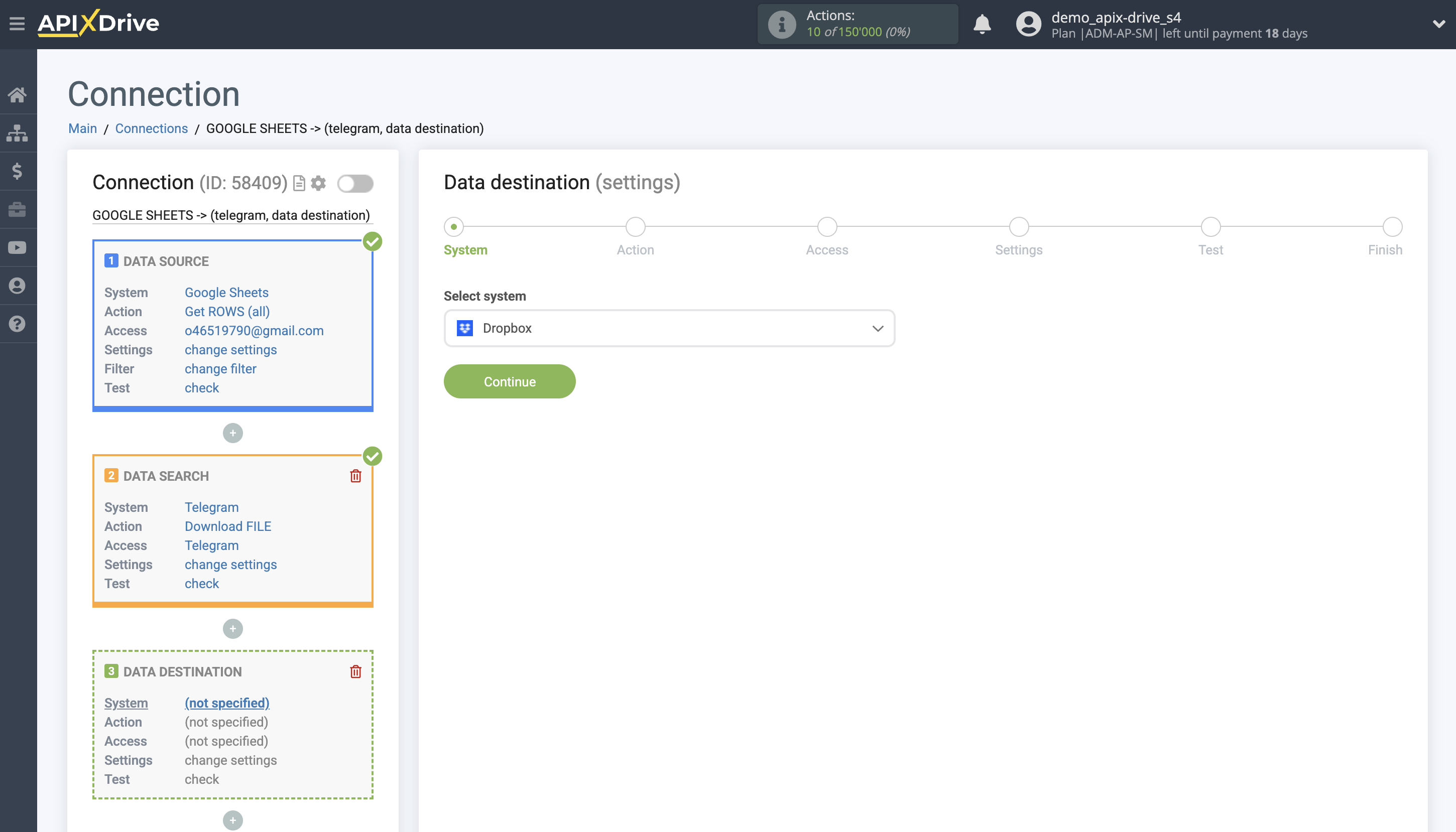 Telegram File Upload Settings to Dropbox | System selection
