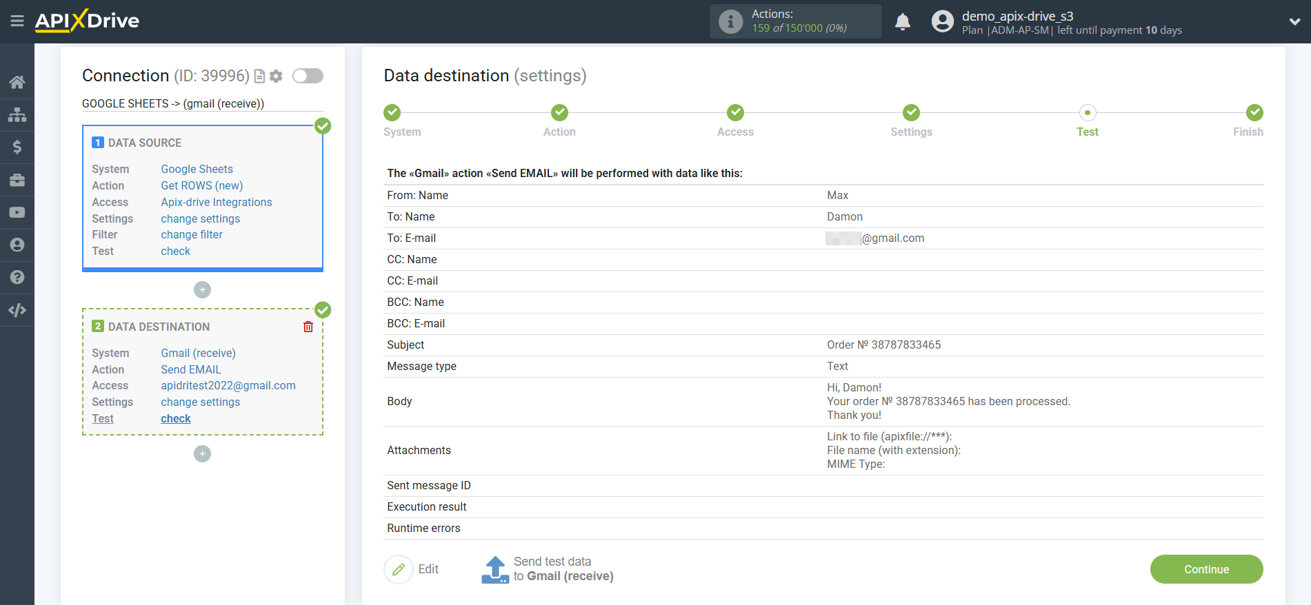 How to Connect Gmail as Data Destination | Test data