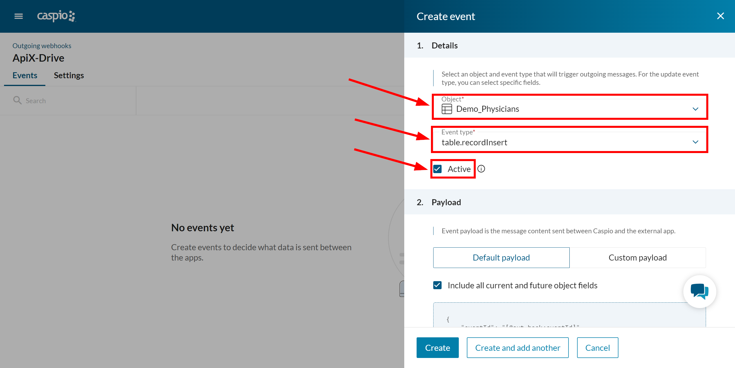 How to Connect Caspio Cloud Database as Data Source | Event setup