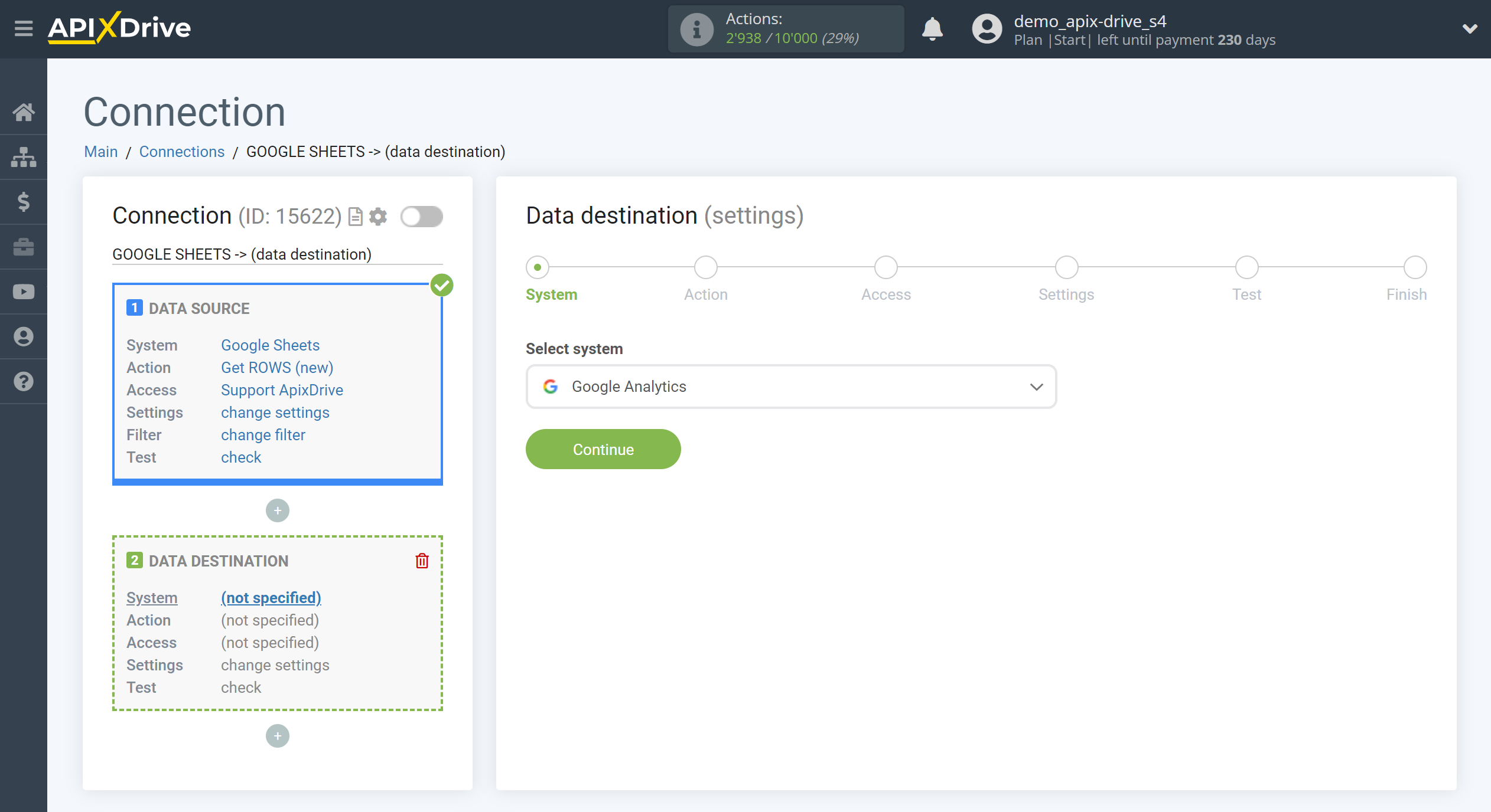 How to Connect Google Analytics as Data Destination | System selection