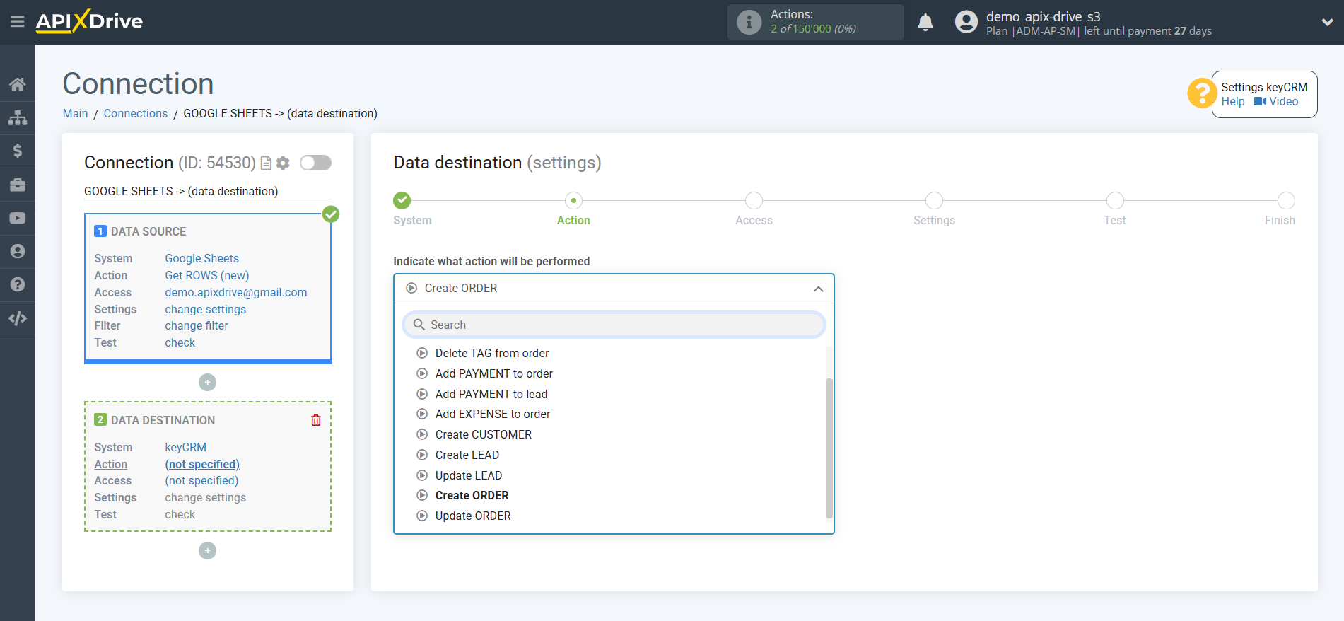How to Connect KeyCRM as Data Destination | Action selection
