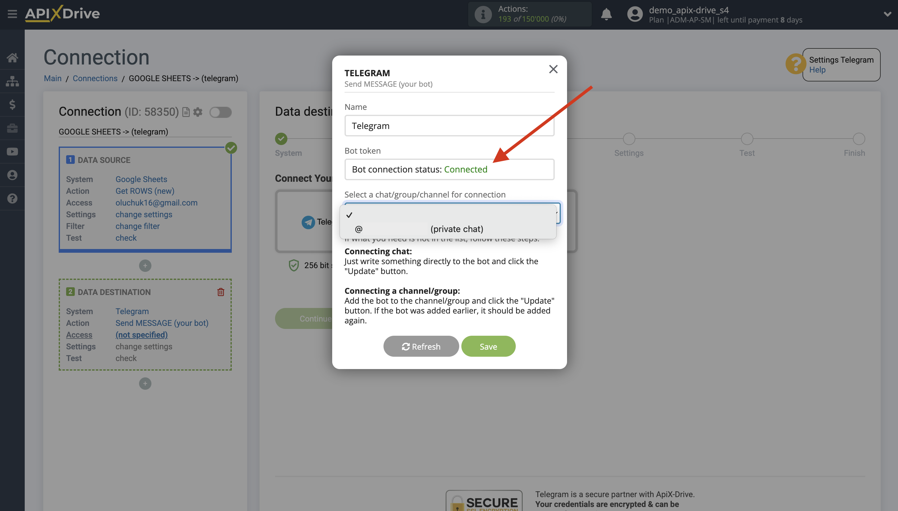 How to Connect Telegram as Data Destination | Reconnecting an account to a group or channel