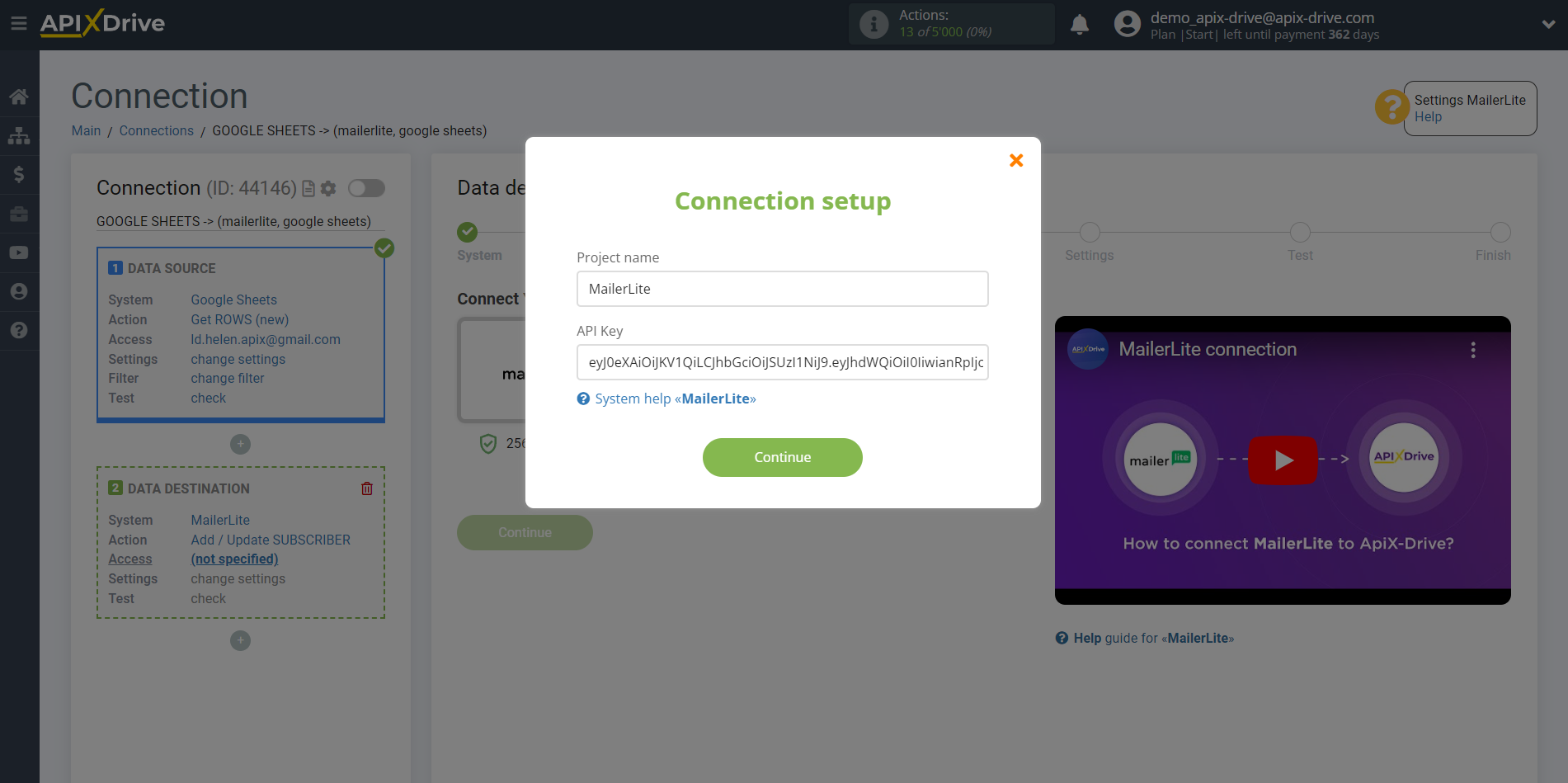 How to Connect MailerLite as Data Destination | Account connection