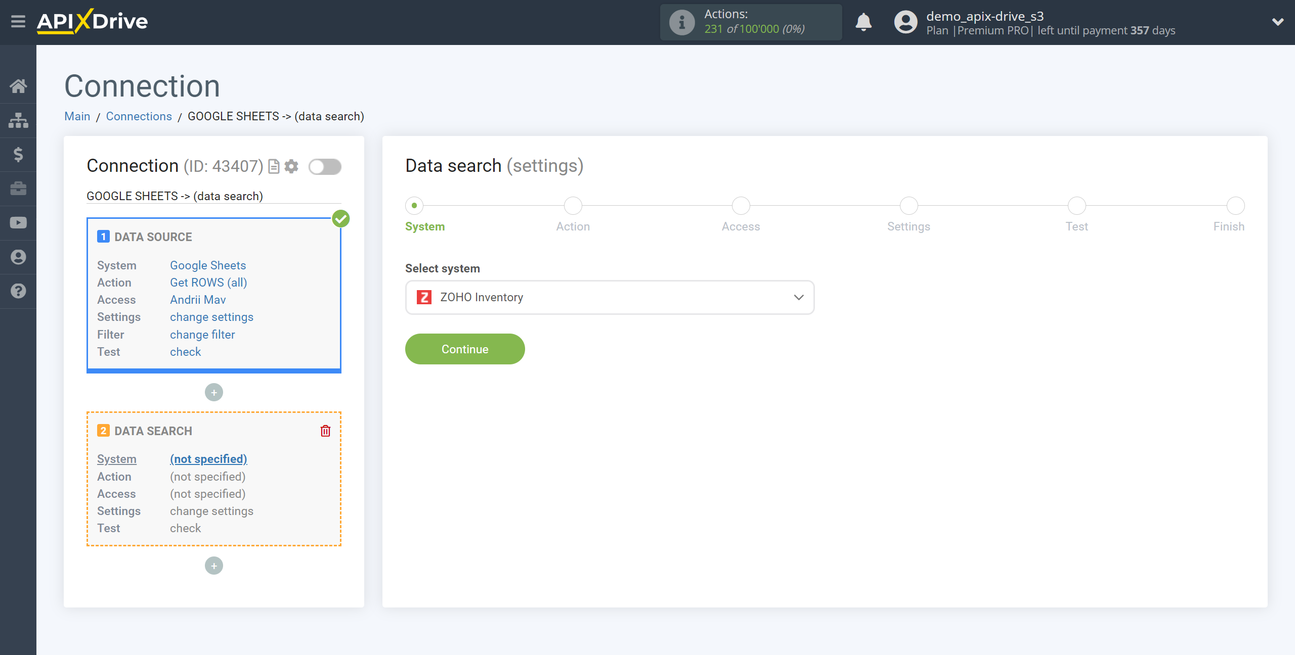 Setting up Zoho Inventory Sales Order Search in Google Sheets | System selection