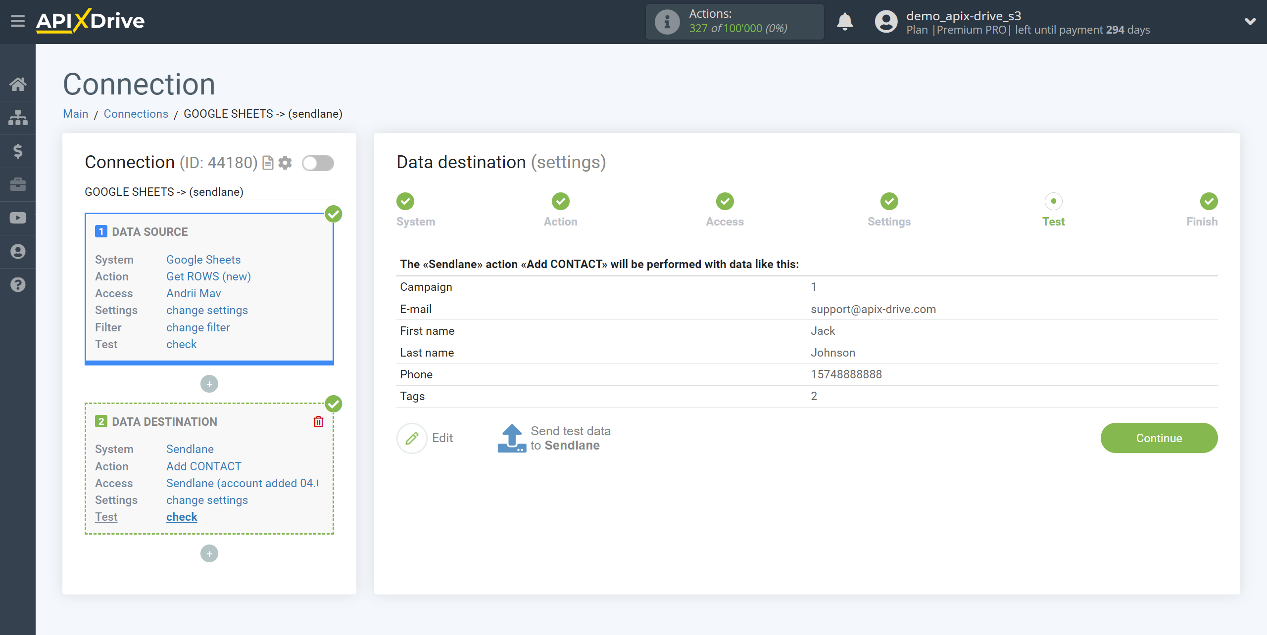 How to Connect Sendlane as Data Destination | Test data