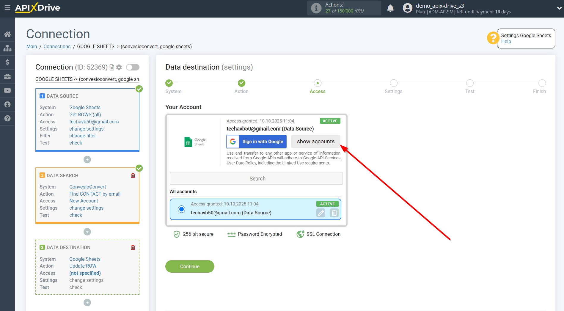 Setting up ConvesioConvert Contact Search in Google Sheets | Account selection Setting up ConvesioConvert Contact Search in Google Sheets | Account selection