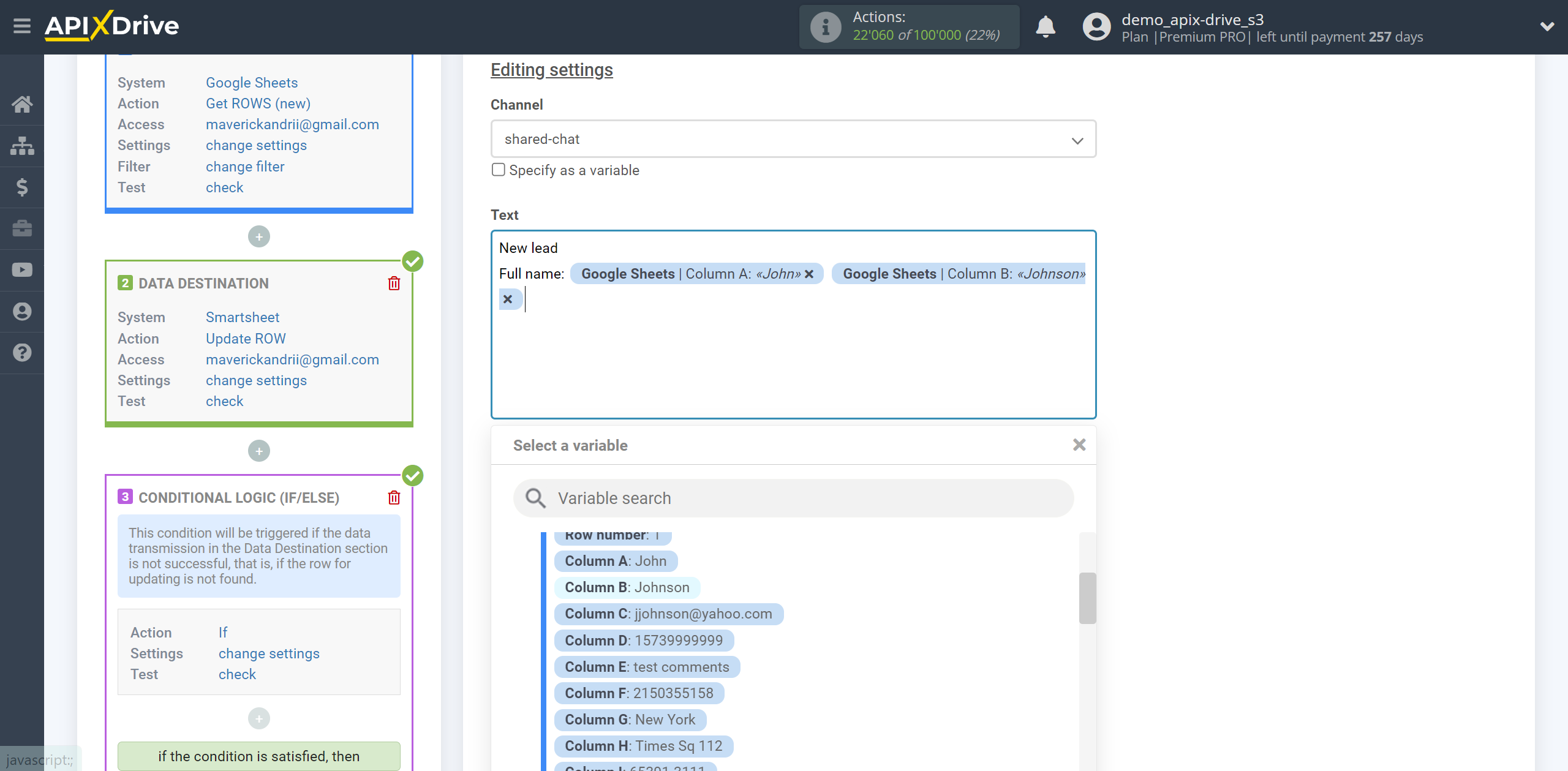 How to setup Smartsheet Update Row / Add Row | Formation of a message