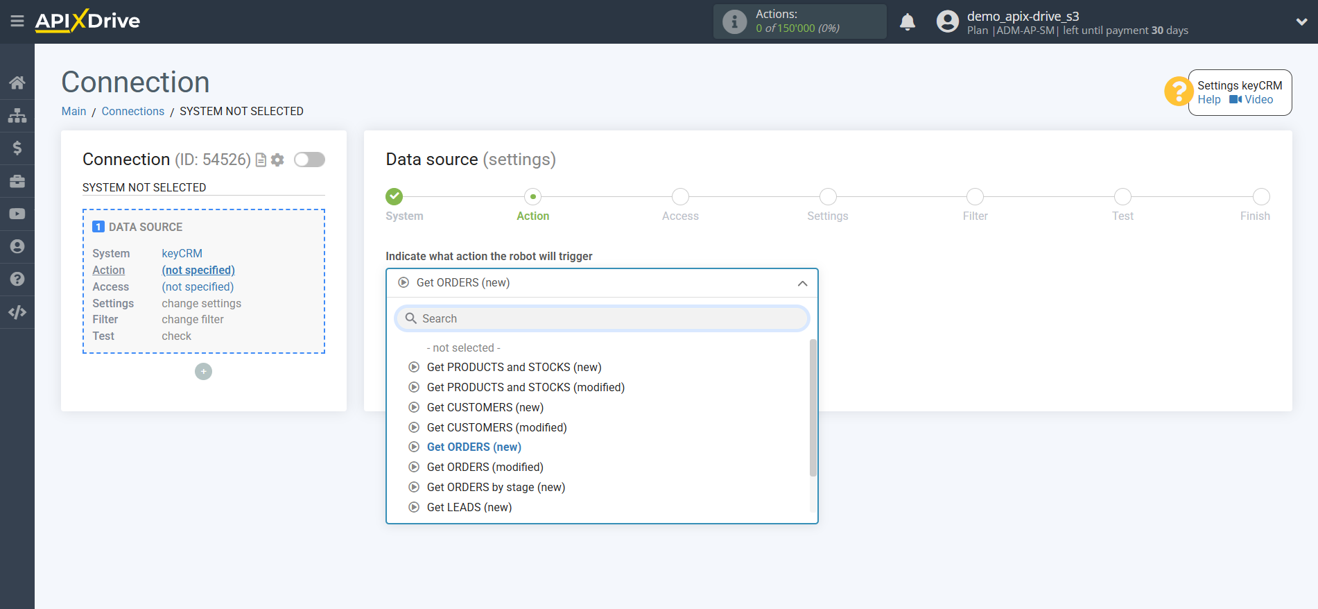 How to Connect KeyCRM as Data Source | Action selection